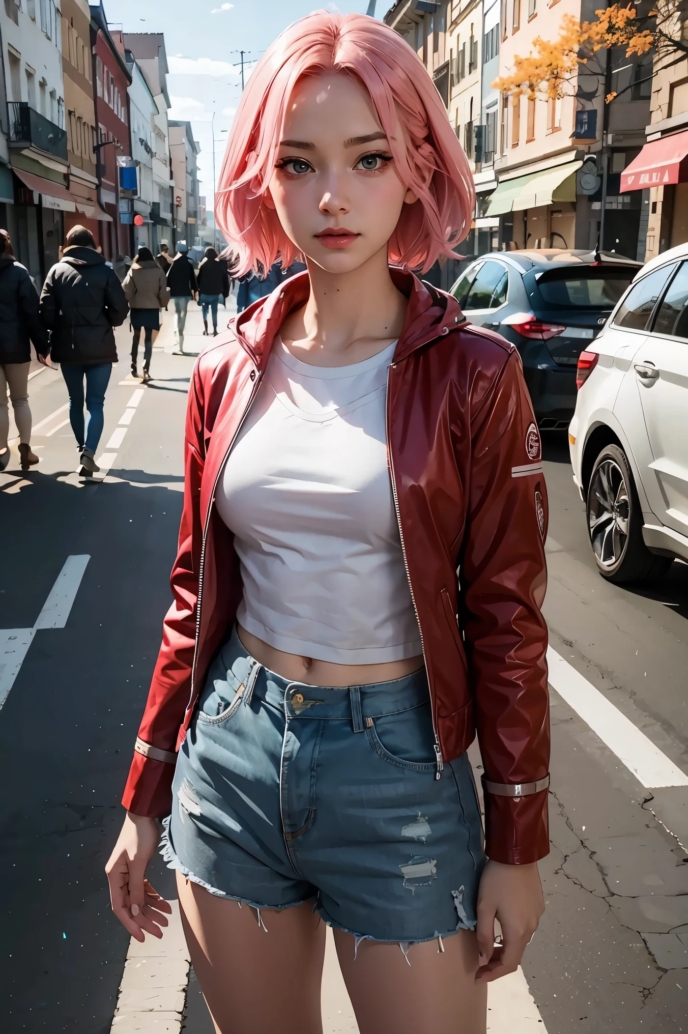 Sakura haruno, seductive, ((forehead to show)), attractive, sexy eyes, red coat, pink hair, delicate, young, short hair, detailed face, high definition, full body, from League of Legends, trend in artstation, by rhads, andreas rocha, rossdraws, makoto shinkai, laurie greasley, lois van baarle, ilya kuvshinov and greg rutkowski