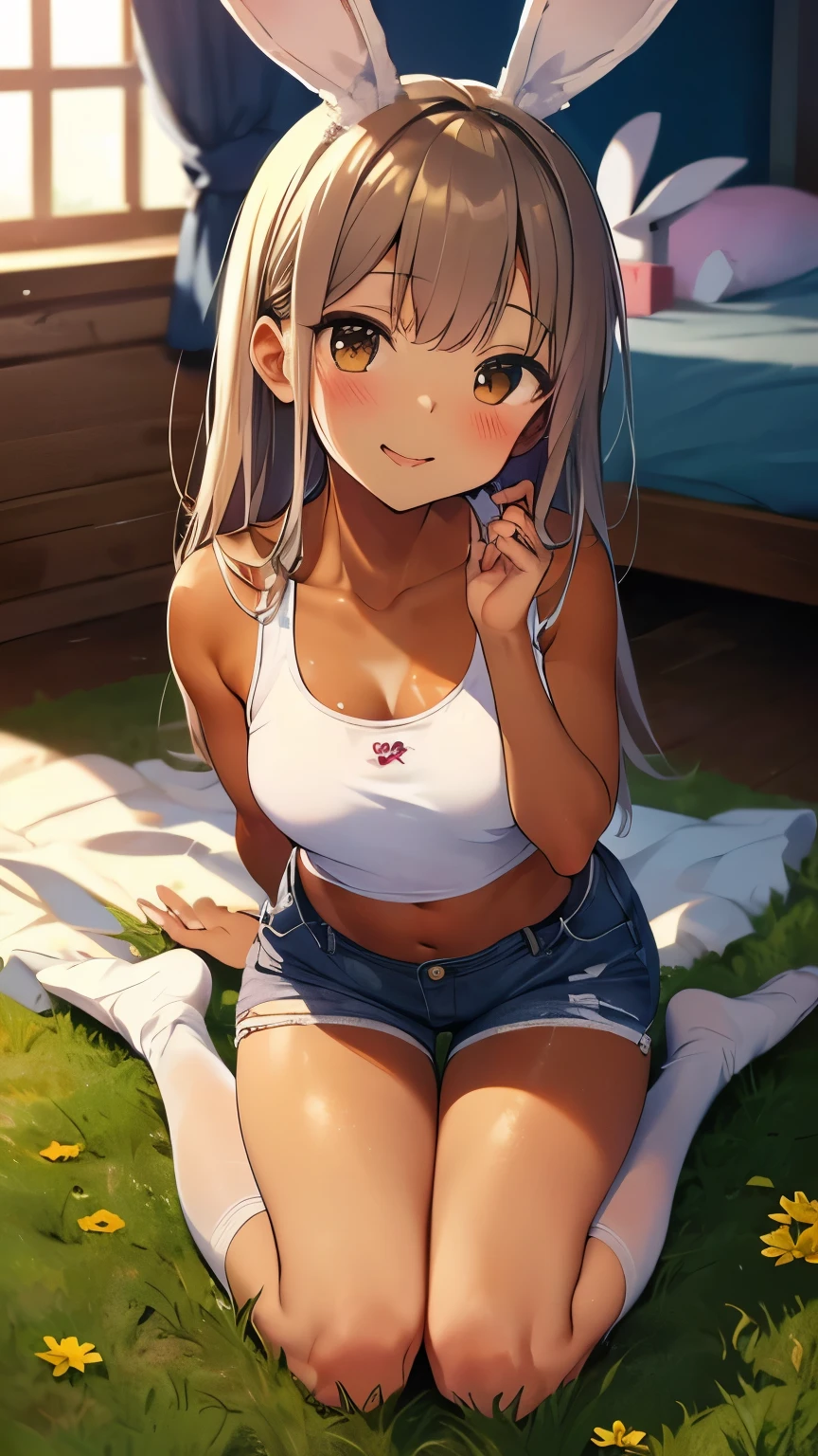 highest quality、 bra、Beige shorts、Cool look、Stretching your legs in your room、Armpit sweat、Grass、angry look,(Glamorous figure),恥ずかしがる仕Grass, (girl1name), (Highly detailed face, smile) , (日本のgirl), Slightly round face, (Tan brown face:1.6), cute, Big eyes、2D,highest quality,(masterpiece),(((The whole body is reflected))),(((Full Body))),Suisen Udongain Inaba,(White bunny ears girl:1.6),long hair,((light purple hair)),Healthy Skin,((Black denim shorts)),Light pink wrestler tank top,Shiny bare legs,barefoot,beautiful brown eyes,Attractive thigheaty ass,Sloppy body shape,Bedroom,Get drunk,Upward glance,cheeks are bright red,あざでcute,Sexy as hell,Erotic look,Large beads of sweat on the forehead,My whole body is steaming,sleep with your legs stretched out、(((close one's legs))),My Room、(Lie flat on the bed.),Angle shot from directly above,Sleeping on one's back