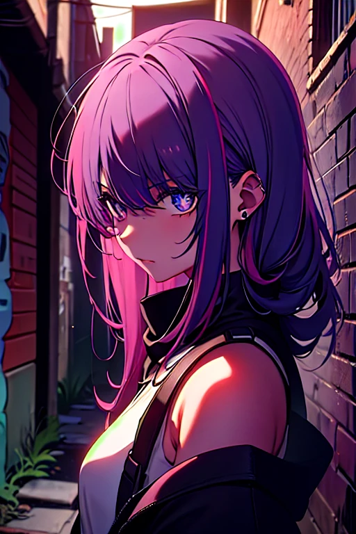 NSFW.In the middle of an abandoned alley, A girl stands in front of a brick wall covered in graffiti, In the dim light of night. Her long, Pink hair cascading down to her shoulders, She covers one eye、Staring straight at the audience with a piercing gaze. Her Eyes, Bright purple, Her silver earrings sparkle, Her keen eyesight brings every detail into focus around her..
masterpiece (1.5) 8K、Ultra-high resolution、Brought to life in photos, Intricate details