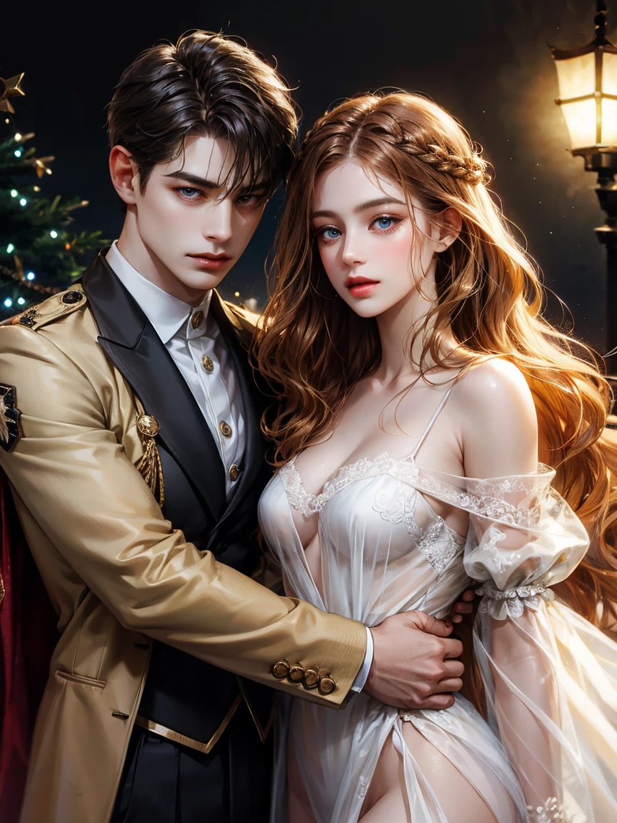 Couple, 1 girl 1 boy, different hair color, long long caramel hair, wavy hair, no bangs, brown eyes. Naked with exposed penis, Short brown hair, wavy hair, sky blue eyes, height different, detailed eyes, face, hand. They look at the viewer. Black background. They are having romanic sex