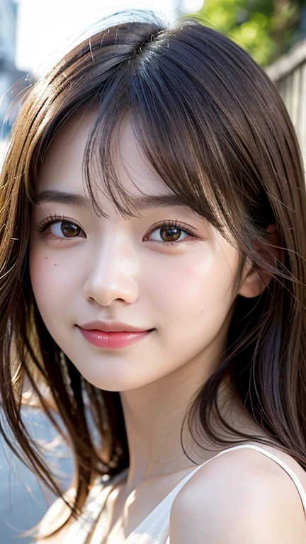 With the alleys of Kyoto in the background、18-year-old girl、independent、look forward to、Light eye makeup、Brown Hair Color、flat 、Hair blowing in the wind、quality of actress、Shiny, Ultra-realistic faces、smileの表情、Watery eye、look up、Calming lighting effects、 Ultra-Realistic Capture、Very detailed、High resolution 16K human skin closeup。Skin texture must be natural、Must be so detailed that pores are visible、skin is healthy、Must be even tone、Use natural light and color、High quality photos taken by a modeling agency'Exclusive photographer、smile