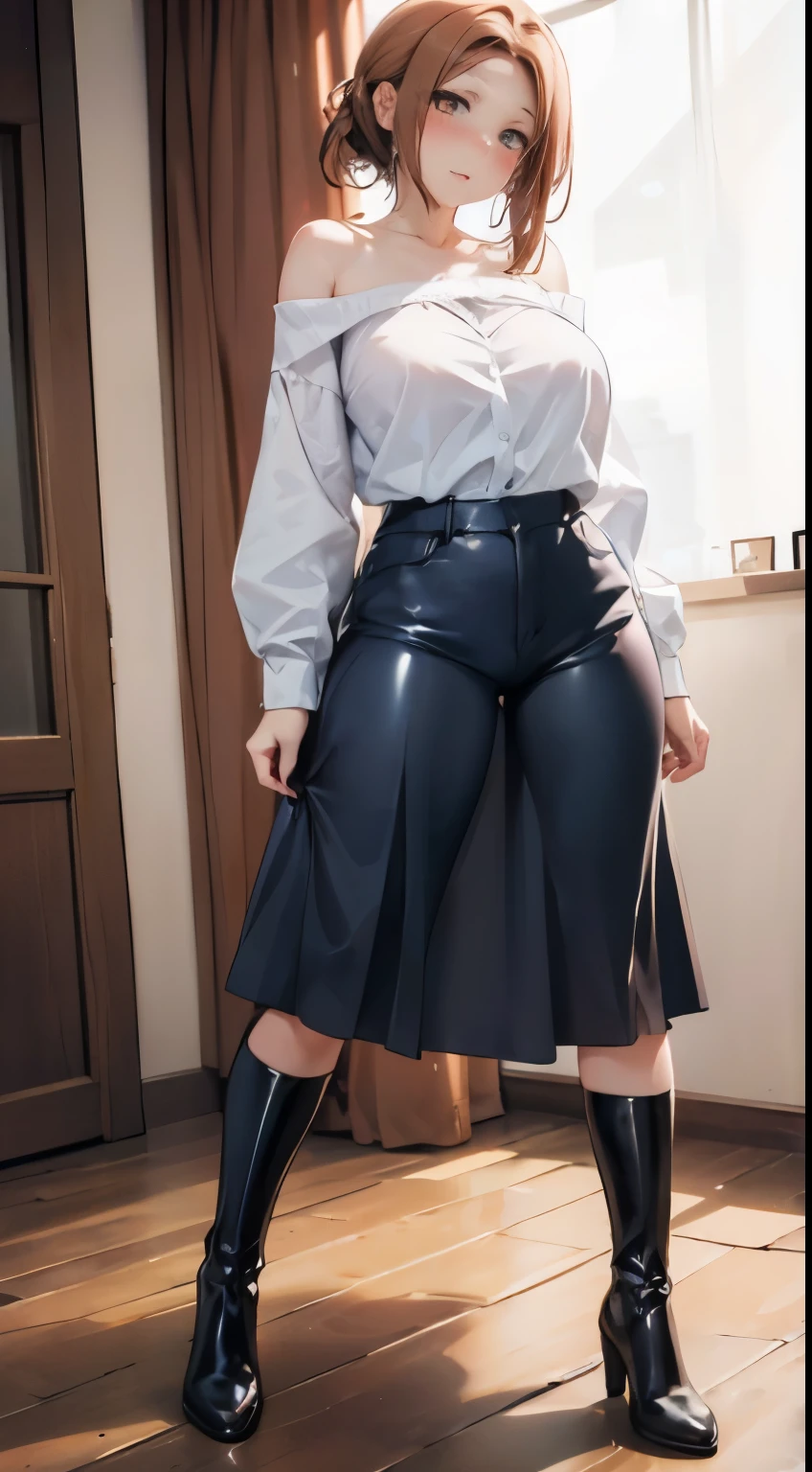 20cm thick sole long boots、Long legs、Long skirt、Off-the-shoulder shirt、Clothes made of latex material