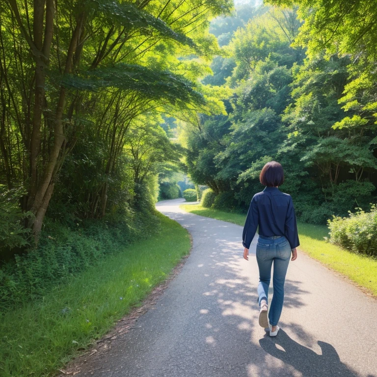 A back view of a beautiful Japanese woman in her thirties with short hair, wearing a dark blue long-sleeved cotton shirt and jeans pants, happily walking along a path in a fresh green forest. Focal length 100mmf/2.8, spring morning, sunny, forest road in a natural park, well-shaped face, toned body, realistic feeling, 8K image quality, highest quality.