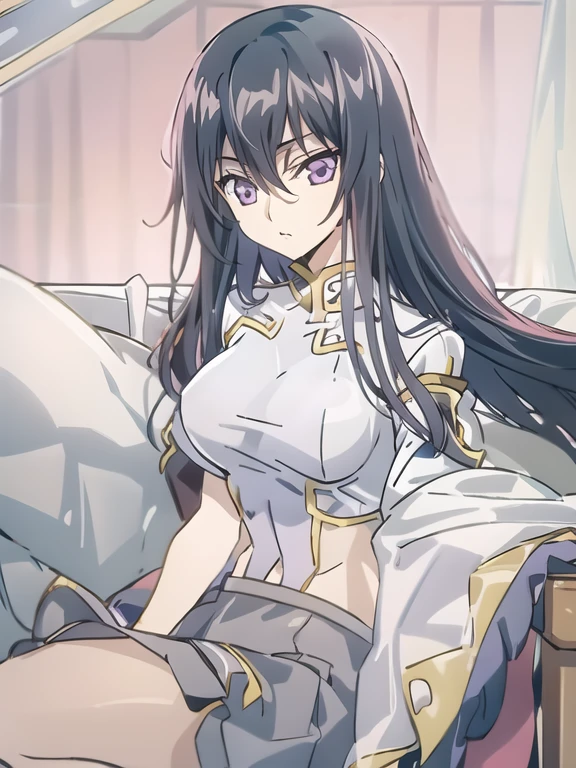 (nswf:1.3)、masterpiece, best quality, 1 girl,solo,codegeass,lelouch,Feminization、Feminization,18-year-old、 Straight Hair、Long Hair、Black Hair、beautiful purple eyes、Beautiful Hair、170cm, Small waist、Beautiful body、Beautiful breasts、Show the whole body 、Black Dresini skirt:1.2)、Black Stockings、full body、Long, slender legs、girl sitting、bedroom