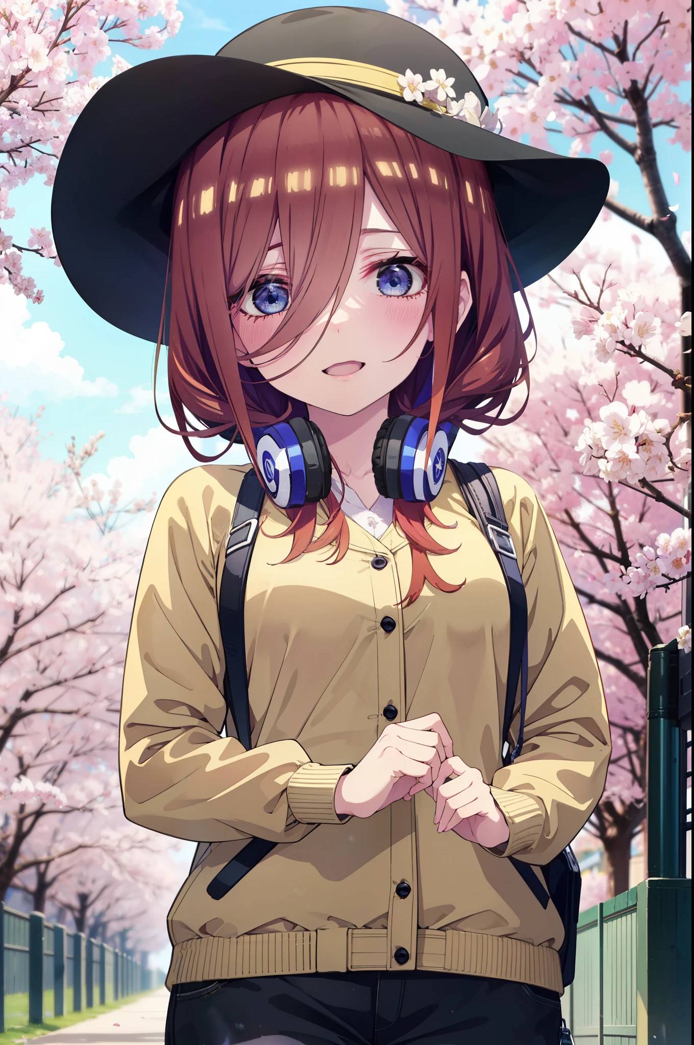 Miku Nakano, Miku Nakano, Long Hair, bangs, blue eyes, brown hair, shirt, Hair between the eyes, smile,blush,Open your mouth,Headphones around neck,オーバサイズチェック柄shirt,Shorts,Black pantyhose,Hunting Hat,short boots,Cherry blossoms are blooming,Cherry blossoms are scattered,Cherry blossom tree-lined path,whole bodyがイラストに入るように,
break outdoors, garden,
break looking at viewer,whole body,  (Cowboy Shot:1. 5)
break (masterpiece:1.2), highest quality, High resolution, unity 8k wallpaper, (figure:0.8), (Beautiful fine details:1.6), Highly detailed face, Perfect lighting, Highly detailed CG, (Perfect hands, Perfect Anatomy),