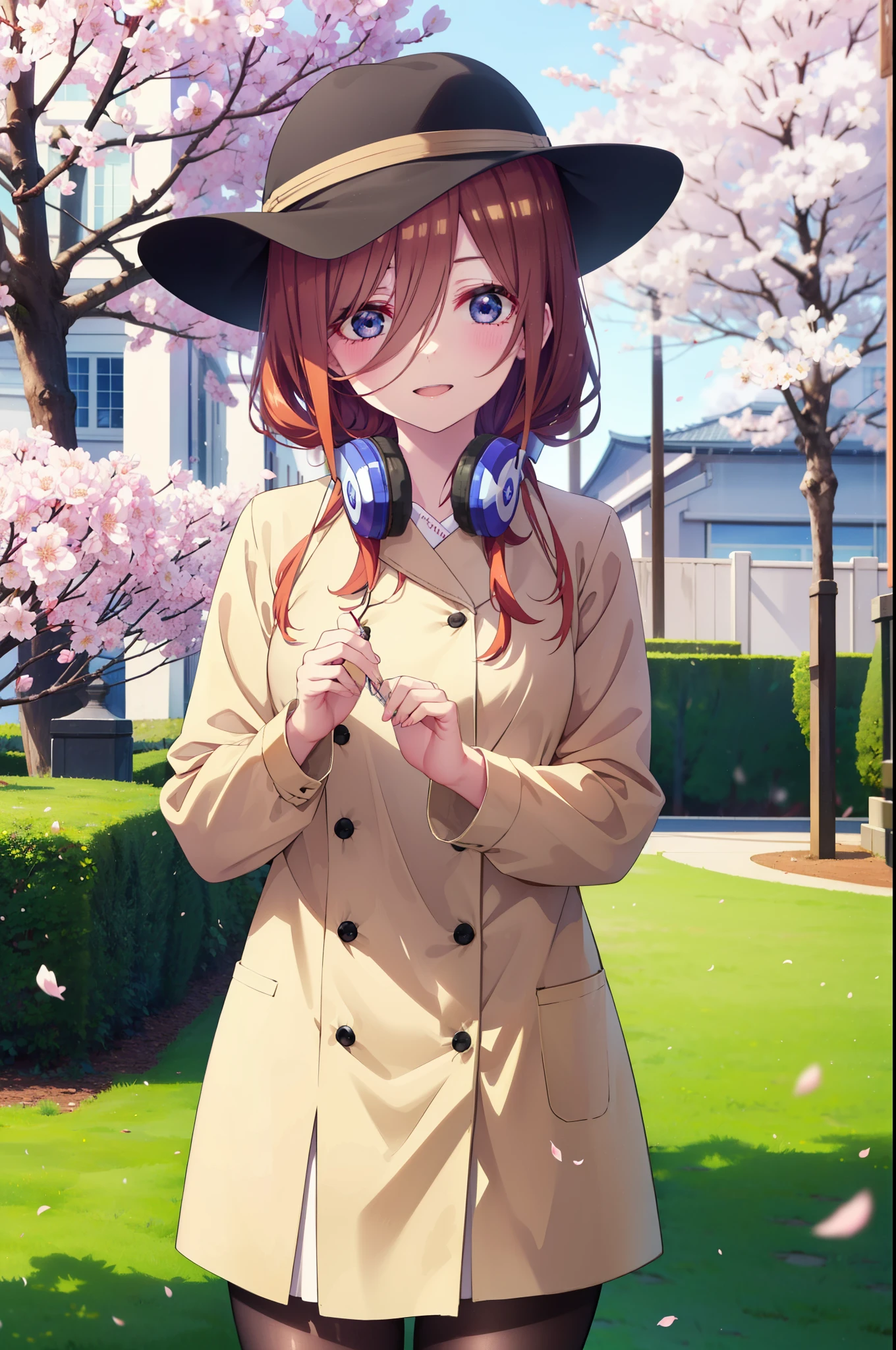 Miku Nakano, Miku Nakano, Long Hair, bangs, blue eyes, brown hair, shirt, Hair between the eyes, smile,blush,Open your mouth,Headphones around neck,オーバサイズチェック柄shirt,Shorts,Black pantyhose,Hunting Hat,short boots,Cherry blossoms are blooming,Cherry blossoms are scattered,Cherry blossom tree-lined path,whole bodyがイラストに入るように,
break outdoors, garden,
break looking at viewer,whole body,  (Cowboy Shot:1. 5)
break (masterpiece:1.2), highest quality, High resolution, unity 8k wallpaper, (figure:0.8), (Beautiful fine details:1.6), Highly detailed face, Perfect lighting, Highly detailed CG, (Perfect hands, Perfect Anatomy),