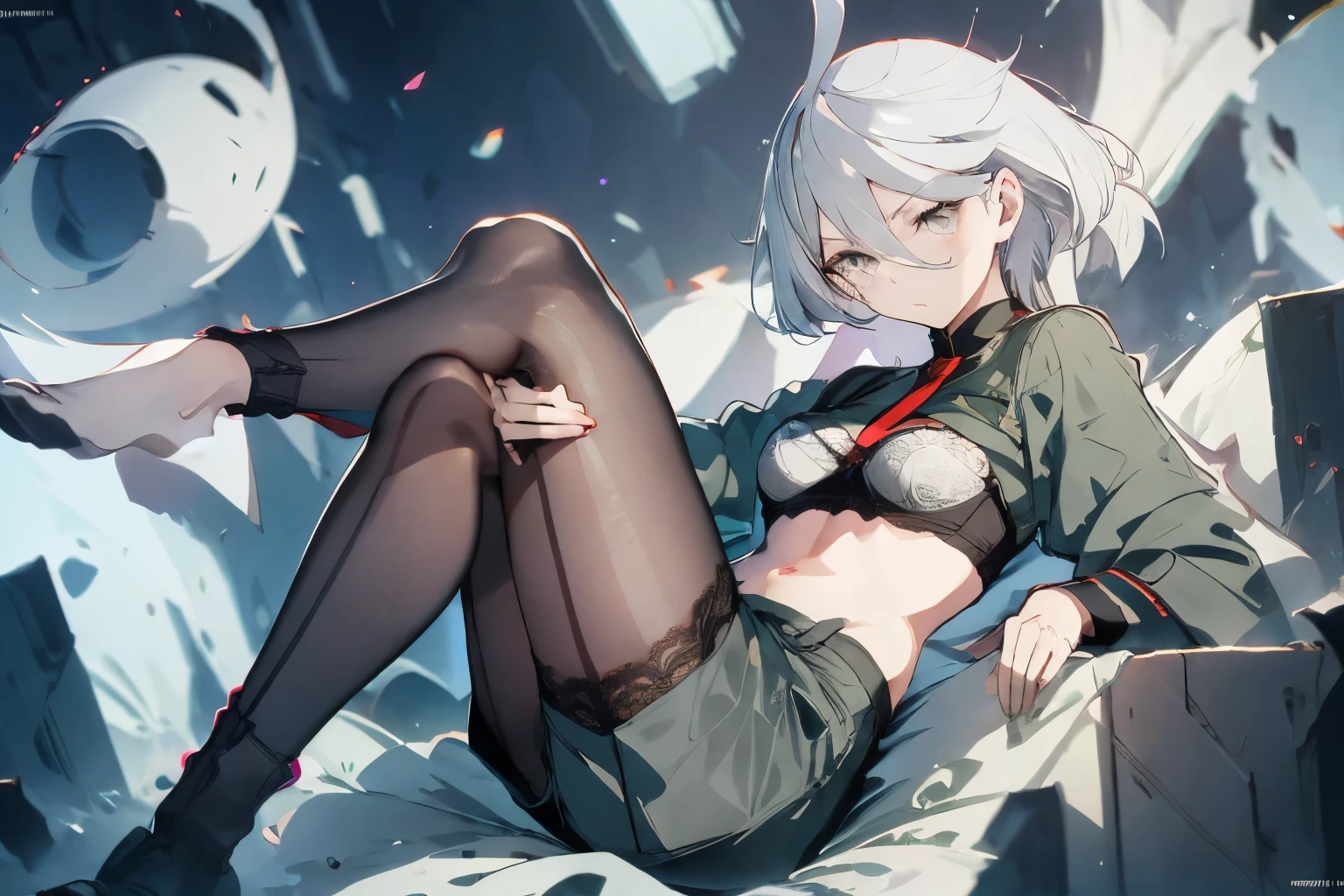 (((White lace bra))),off shoulder,Sitting,Mioline Rembran,alone, Long Hair, Grey Eyes, Grey Hair, Ahoge, Seamed legwear, Green shorts, tie, bangs, Hair between the eyes, Black Pantyhose, Long sleeve, Green jacket, floating hair, red tie, masterpiece ,8k unity wallpaper,anime key visual,highest quality, High resolution, unity 8k wallpaper, (shape:0.8), highly detailed face,highly detailed eye,glowing eyes , shiny skin,fine skin,white skin,dense skin,detailed hair,highly detailed legs,perfect lighting, Detailed CG, (perfect hands, perfect anatomy),High resolution,(Detailed wear ),slender limbs, delicate curves, dainty hands,figure:0.8,