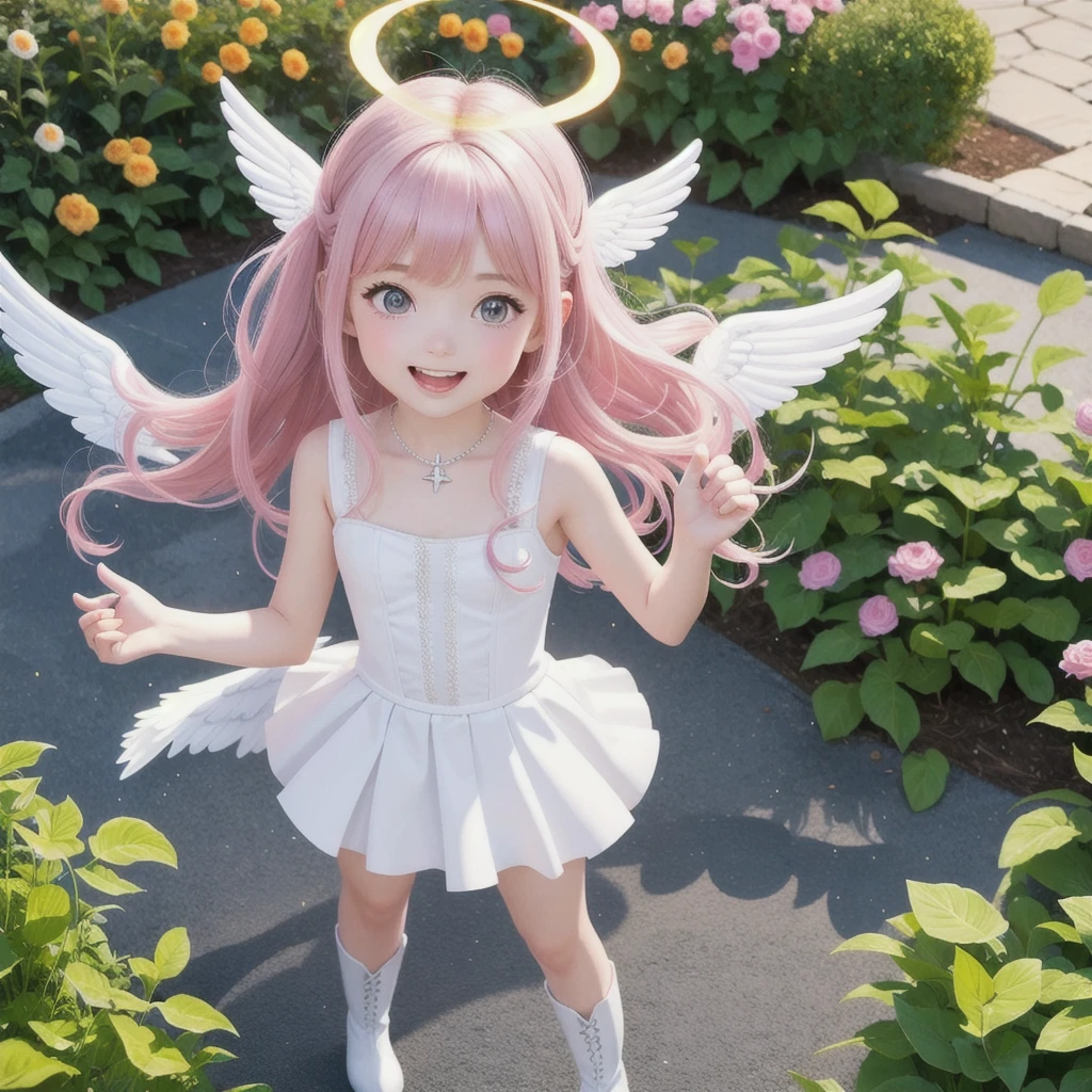 (photorealistic),multiple girls,(girls is angel),((girls with angel's wing,angel halo floats above her head),Angel girls with various hairstyles and haircolors,metal platform boots,very happy smile,mouth open,fluttering skirt,strong wind,whole body,(in garden),dynamic pose,three-dimensional,octane rendering,Perfect face,Collagen texture((flowing hair))