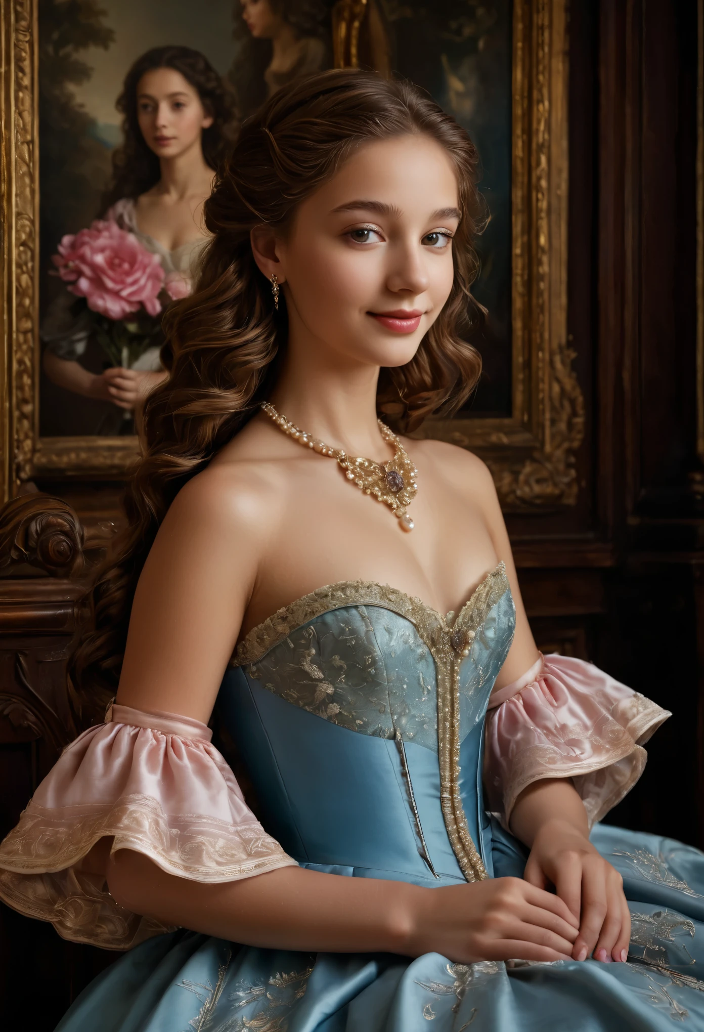 In the portrait of this charming 15-year-old girl, the youngest daughter of a wealthy merchant during the prosperous 17th century in the Netherlands, every brushstroke tells a tale of opulence and refinement.

Her chestnut curls cascade in luxurious waves, intricately styled and adorned with jewels that gleam in the soft candlelight of the artist's studio. Each lock seems to possess a life of its own, framing her delicate features with a regal elegance that speaks of her family's stature in society.

Her eyes, pools of deep azure, sparkle with intelligence and wit, hinting at the spirited nature that lies beneath her demure exterior. Long lashes fan out like feathers, casting graceful shadows against her porcelain skin, which bears the faintest hint of a blush, like a delicate rose in full bloom.

Her lips, painted a subtle shade of pink, curve upwards in a smile that is both winsome and coy, revealing a glimpse of pearls nestled within. It's a smile that speaks of innocence and mischief in equal measure, capturing the essence of youth in its purest form.

Dressed in the finest silks and satins, her gown drapes her slender frame in folds of rich fabric, each stitch a testament to the skill of the artisans who crafted it. Embroidered patterns dance across the bodice, depicting scenes of pastoral beauty and mythological wonder, while lace ruffles cascade down her sleeves like cascades of frothy foam.

In her hands, she holds a single rose, its velvety petals a stark contrast to the delicate porcelain of her skin. It's a symbol of love and beauty, of passion and longing, and as she gazes upon it with eyes alight, one can't help but wonder at the secrets that lie hidden within her heart.

This portrait of the 15-year-old daughter of a prosperous Dutch merchant is more than just a likeness; it's a glimpse into a world of privilege and prestige, where beauty and refinement reign supreme, and the promise of tomorrow hangs in the air like the scent of freshly blooming flowe