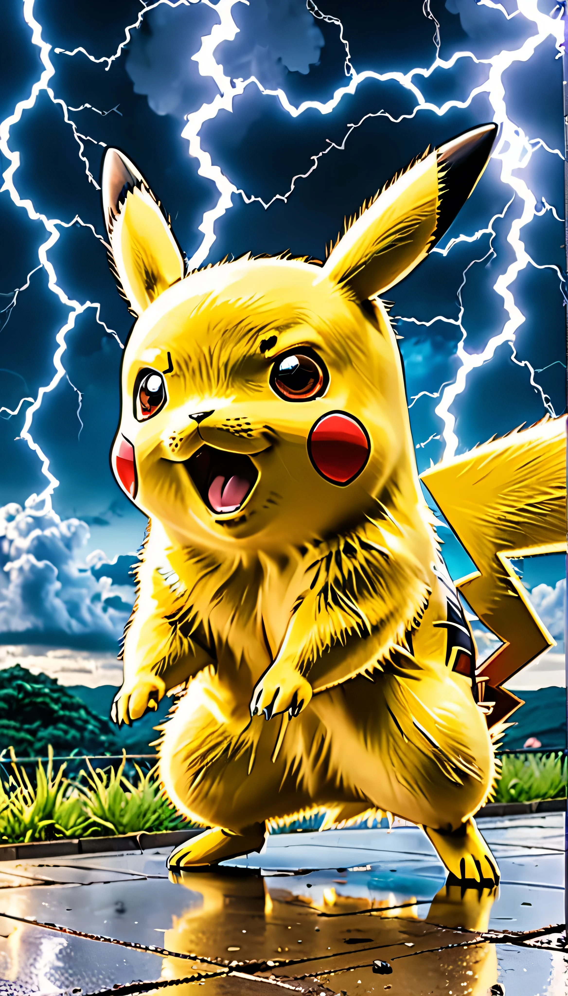 Generate a high-resolution, vertical TikTok format image that captures Pikachu executing a Thunder attack. The visual should embody the essence of crackling electricity and lightning speed. Aim for the highest quality, with Pikachu centrally featured. Use a dynamic, low camera angle to enhance the sense of rapid movement and power, and select a wide-angle lens to suit the vertical composition. The atmosphere should be charged with energy, illustrating bright, jagged bolts of lightning and a sense of swift motion, ensuring Pikachu is the vivid focal point against a tempestuous sky.