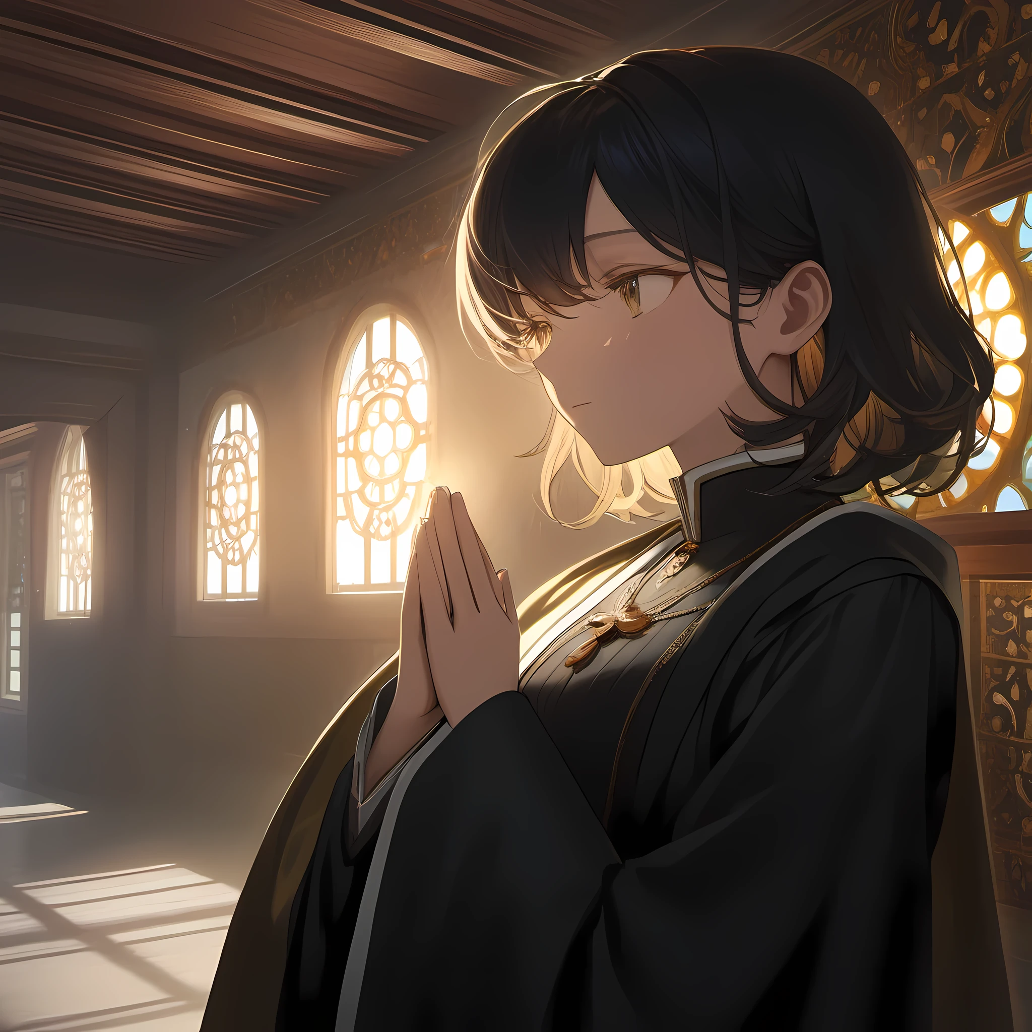 1 poor girl, praying to God at midnight, in abandoned house, light through ceiling, wearing black robe, young sister taste, small breasts, waiting for salvation, with two eyes closed, God's blessing, (icon), 32k, ((masterpiece, best quality, ultra-detailed, an extremely delicate and beautiful)), ((extremely detailed CG unity 8k wallpaper)), ((award winning, ccurate, UHD, textured skin, chromatic aberration, perfect anatomy, golden ratio)), (concept art), (exquisite attention to detail), ((perfect_composition, perfect_design, perfect_layout, perfect_detail, ultra_detailed)), ((aesthetic harmony))