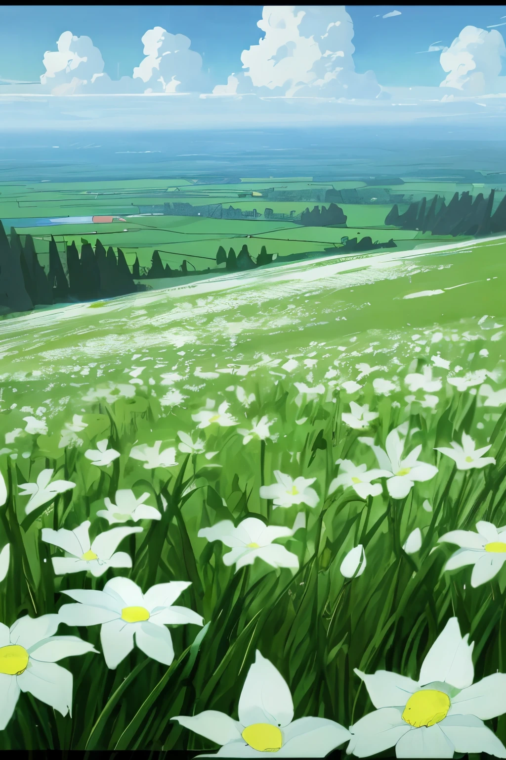 Spring landscape, anime style, white flowers