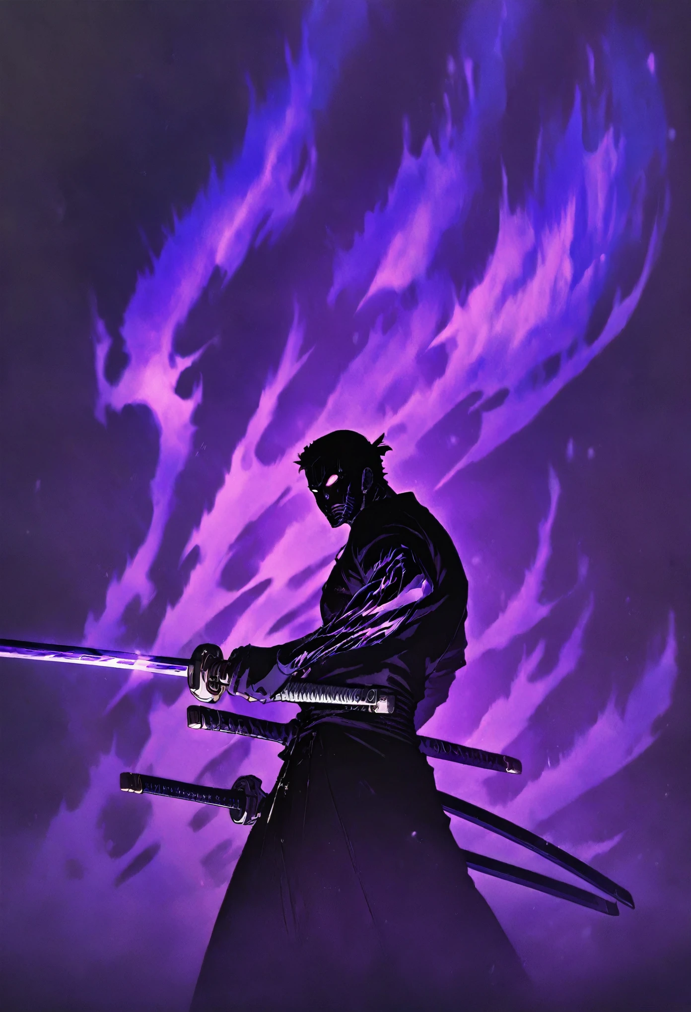 best quality, super fine, 16k, incredibly absurdres, extremely detailed, swordsman, mighty samurai, dull glowing sword, black-purple metallic arm, purple ominous aura,combat system, wind, wind-effect, background black and purple flame