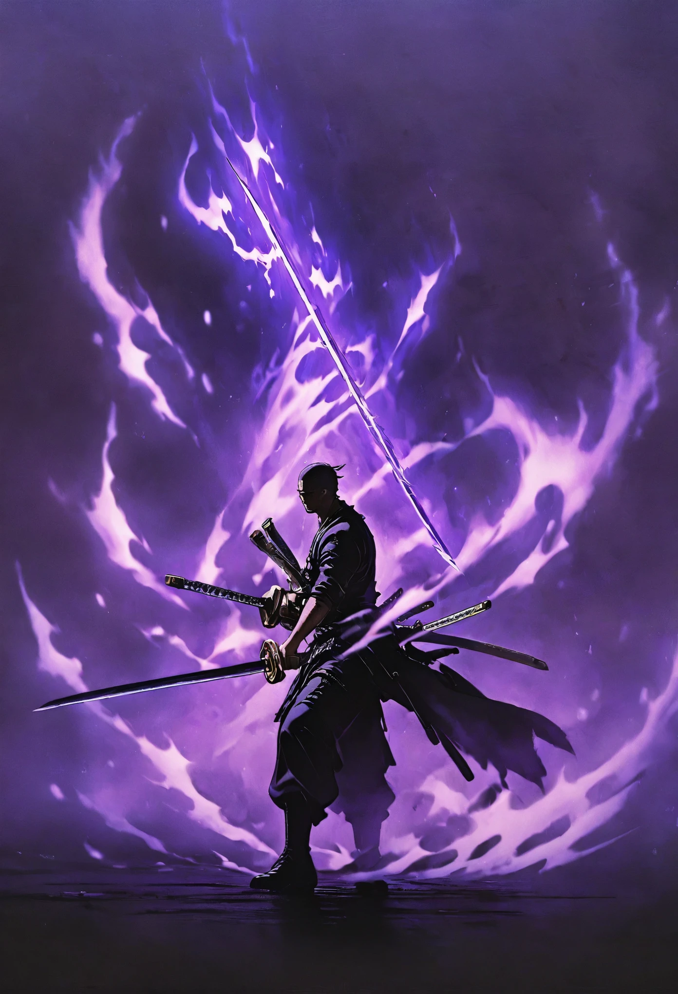 best quality, super fine, 16k, incredibly absurdres, extremely detailed, swordsman, mighty samurai, dull glowing sword, black-purple metallic arm, purple ominous aura,combat system, wind, wind-effect, background black and purple flame