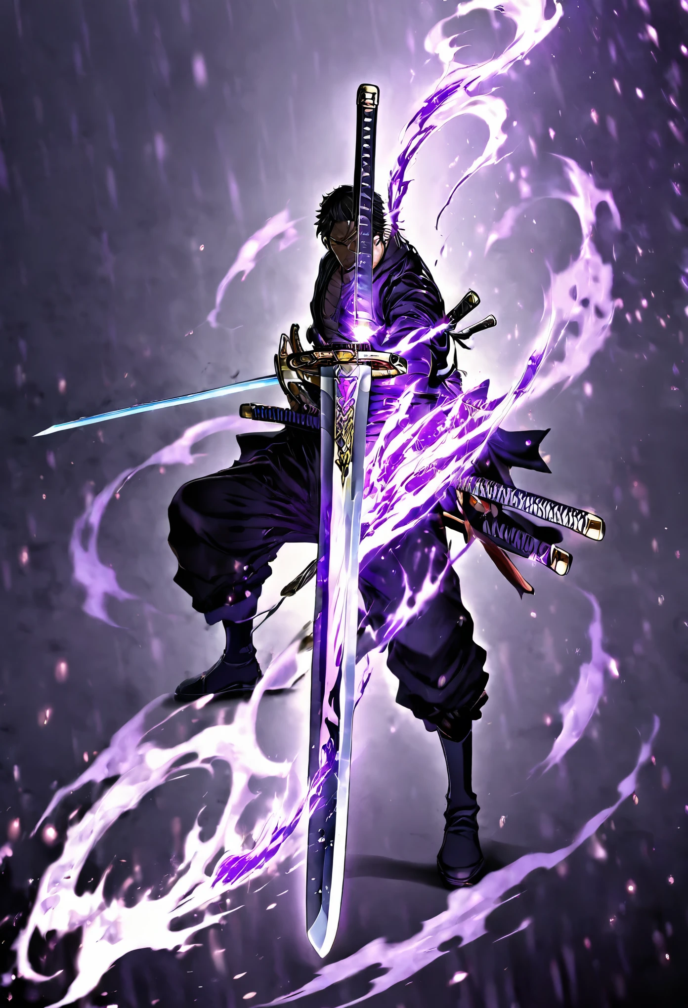 best quality, super fine, 16k, incredibly absurdres, extremely detailed, swordsman, mighty samurai, dull glowing sword, black-purple metallic arm, purple ominous aura,combat system, wind, wind-effect, background black and purple flame