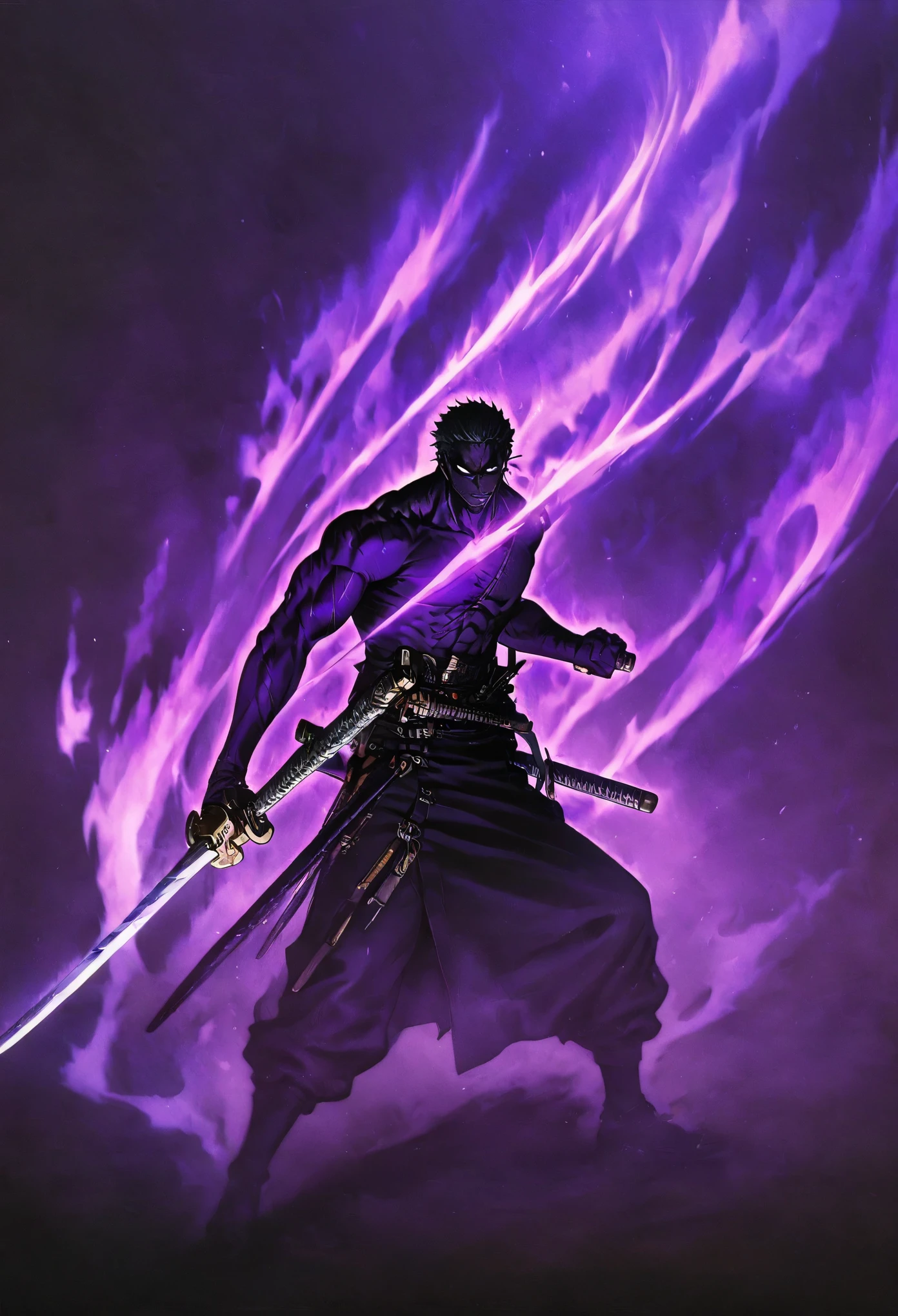 best quality, super fine, 16k, incredibly absurdres, extremely detailed, swordsman, mighty samurai, dull glowing sword, black-purple metallic arm, muscular, purple ominous aura, combat system, wind, wind-effect, background black and purple flame