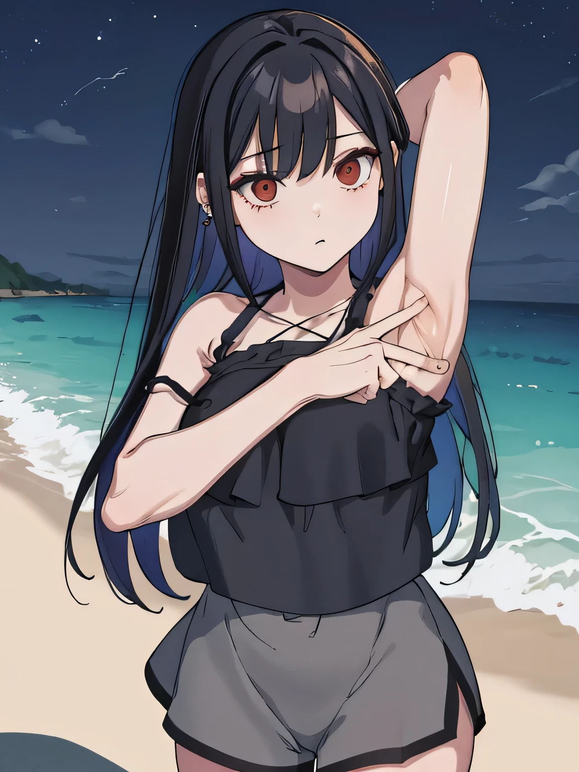 ,(masterpiece), (best quality), (ultra-detailed), (best illustration), (best shadow), (absurdres), 1girl, solo, Chihara, 1girl, solo, black hair, shorts, long hair, looking at viewer, black shorts, arms behind head, contrapposto, spread armpit, camisole, red eyes, breasts, earrings, short shorts, upper body, beach, night sky,