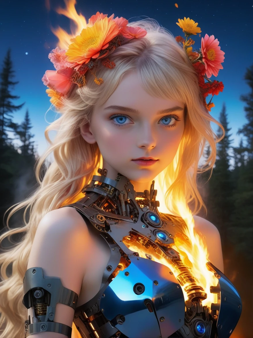 (covered in flowers:1.4), (1girl), blue eyes, night sky, robot joints, (raw flesh:1.3), (blonde hair:1.3), faize, fire and ice, (image split in half with multiple colours:2), (cogs attached to body:1.2), gold plates, blue eyes, sapphire, liquid metal, night sky, (looking at an angle:1.3), (fire and ice), ((ral-chrome)), (hair bow:1.4), (forest:1.3), (fog:1.3)