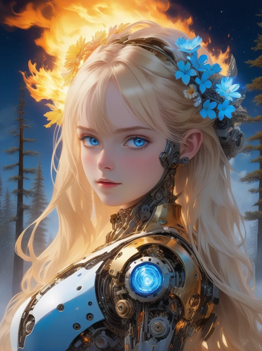 (covered in flowers:1.4), (1girl), blue eyes, night sky, robot joints, (raw flesh:1.3), (blonde hair:1.3), faize, fire and ice, (image split in half with multiple colours:2), (cogs attached to body:1.2), gold plates, blue eyes, sapphire, liquid metal, night sky, (looking at an angle:1.3), (fire and ice), ((ral-chrome)), (hair bow:1.4), (forest:1.3), (fog:1.3)