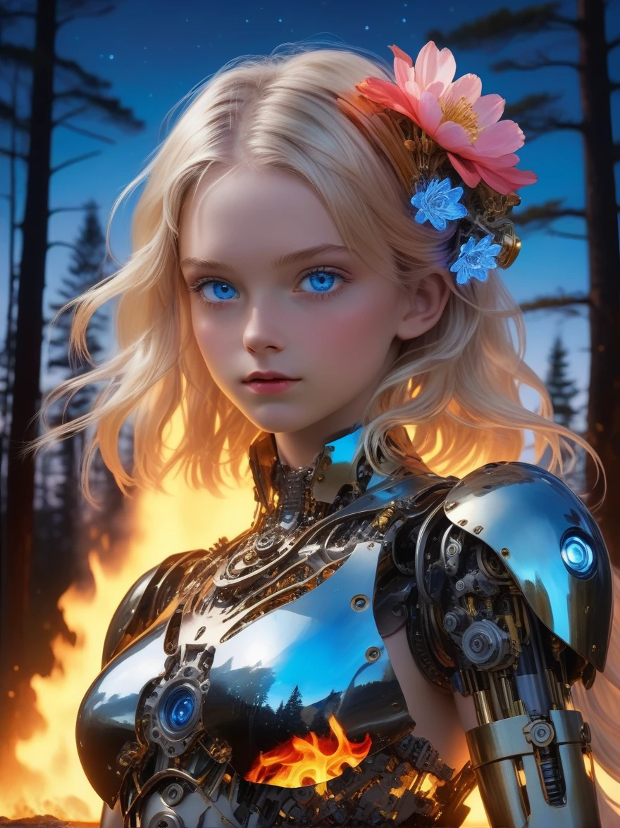 (covered in flowers:1.4), (1girl), blue eyes, night sky, robot joints, (raw flesh:1.3), (blonde hair:1.3), faize, fire and ice, (image split in half with multiple colours:2), (cogs attached to body:1.2), gold plates, blue eyes, sapphire, liquid metal, night sky, (looking at an angle:1.3), (fire and ice), ((ral-chrome)), (hair bow:1.4), (forest:1.3), (fog:1.3)