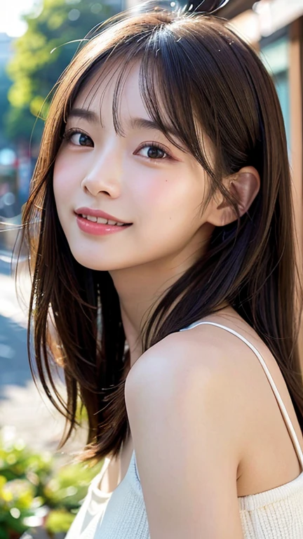 With the alleys of Kyoto in the background、18-year-old girl、independent、look forward to、Light eye makeup、Brown Hair Color、flat 、Hair blowing in the wind、quality of actress、Shiny, Ultra-realistic faces、smileの表情、Watery eye、look up、Calming lighting effects、 Ultra-Realistic Capture、Very detailed、High resolution 16K human skin closeup。Skin texture must be natural、Must be so detailed that pores are visible、skin is healthy、Must be even tone、Use natural light and color、High quality photos taken by a modeling agency&#39;Exclusive photographer、smile