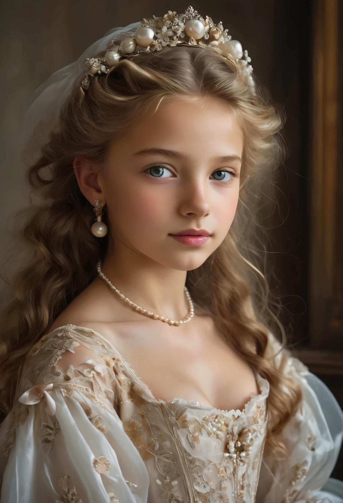 (best quality,4k,8k,highres,masterpiece:1.2), ultra-detailed, (realistic,photorealistic,photo-realistic:1.37),In the portrait of this enchanting -yeld gi the daughter of a prosperous merchant during the flourishing 17th century in the Netherlands, every brushstroke captures the essence of her youth and innocence.
Her golden locks cascade in gentle waves, adorned with ribbons and pearls that speak of her family's affluence. Each curl seems to dance in the light, framing her cherubic face with an air of purity and grace. Her eyes, wide and bright, reflect the curiosity and wonder of childhood, as if every glance is filled with endless possibilities.
Her rosy cheeks flush with vitality, a testament to her health and happiness in the embrace of her privileged upbringing. A delicate dimple graces her smile, adding a touch of sweetness to her countenance that is as charming as it is captivating.
Dressed in the finest silks and lace, her gown whispers softly with every movement, a symphony of luxury and refinement. Embroidered motifs and intricate details adorn her attire, showcasing the exquisite craftsmanship of the era and her family's esteemed status in society.
In her hands, she holds a posy of fresh flowers, their vibrant colors mirroring the bloom of her youth. With each delicate petal, she seems to embody the essence of spring itself, a beacon of hope and renewal in a world filled with uncertainty.
This portrait of the 14-year-o daer ofprosperous Dutch merchant is not just a representation of beauty; it's a window into a bygone era of elegance, privilege, and the timeless innocence of youth.