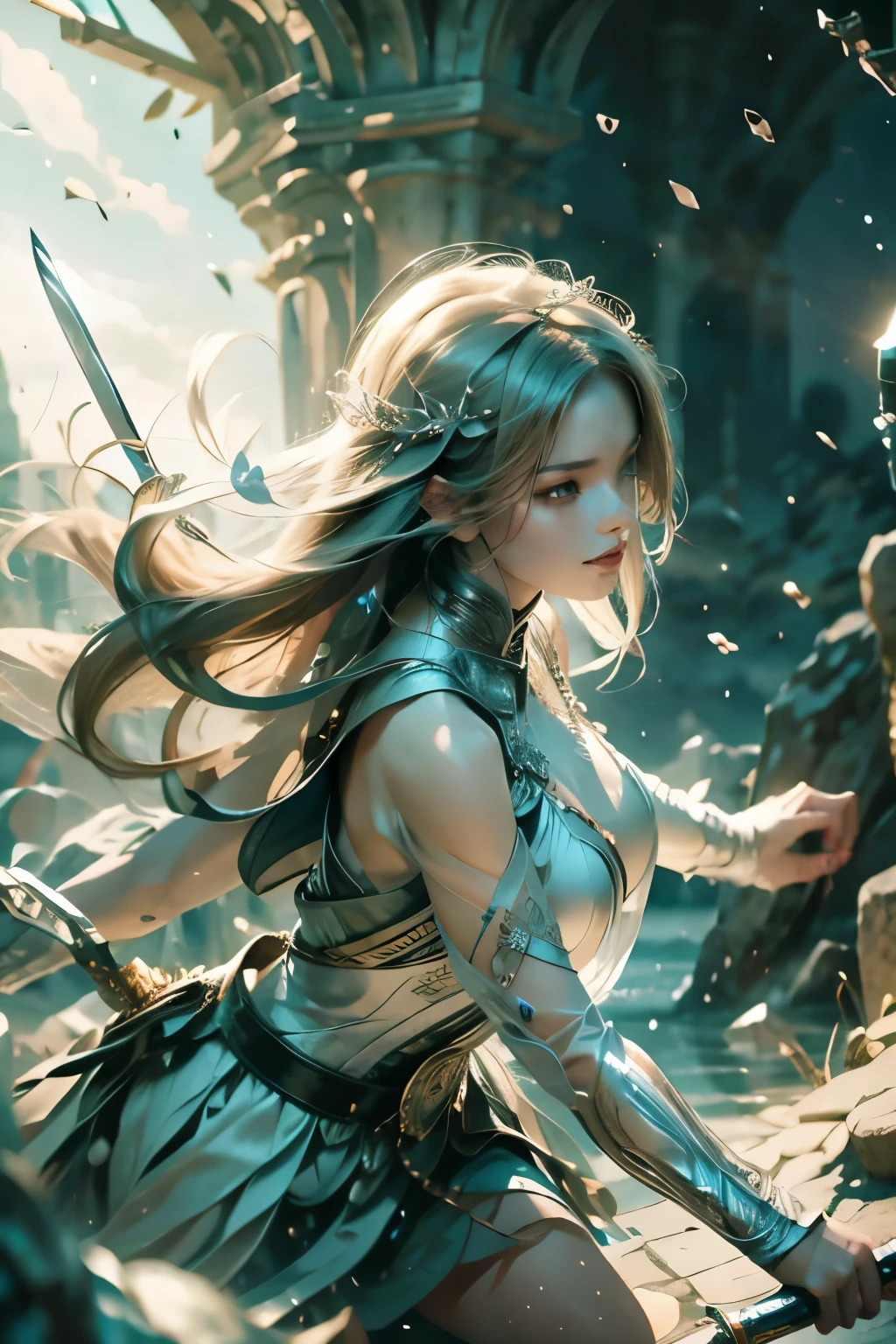 Holding a sword、Ultra-high resolution、((masterpiece)))、(((highest quality)))、((Super detailed))、((Very delicate and beautiful))、Low angle shooting、1 girl、solo、short hair、(whole body)、A tense shot、Visual Impact、Pleated skirt、Realistic Face、Realistic Skin、Cute face,Pure,Combat Stance、Visual Impact,Powerful movement