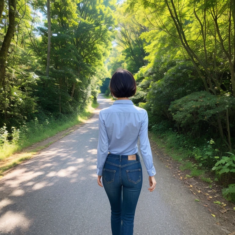 A back view of a beautiful Japanese woman in her thirties with short hair, wearing a dark blue long-sleeved cotton shirt and jeans pants, happily walking along a path in a fresh green forest. Focal length 100mmf/2.8, spring morning, sunny, forest road in a natural park, well-shaped face, toned body, realistic feeling, 8K image quality, highest quality.