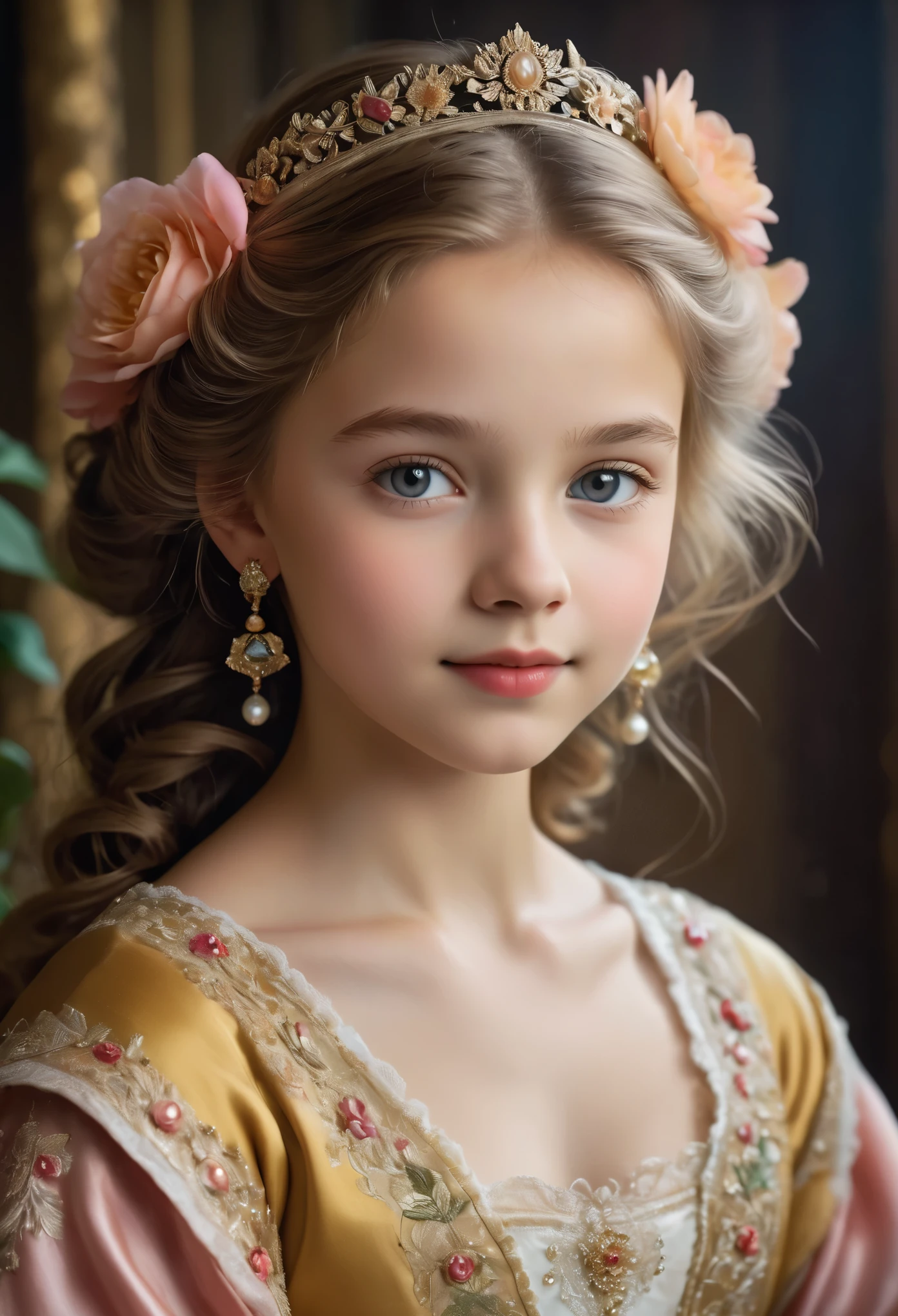 (best quality,4k,8k,highres,masterpiece:1.2), ultra-detailed, (realistic,photorealistic,photo-realistic:1.37),In the portrait of this enchanting -yeld gi the daughter of a prosperous merchant during the flourishing 17th century in the Netherlands, every brushstroke captures the essence of her youth and innocence.

Her golden locks cascade in gentle waves, adorned with ribbons and pearls that speak of her family's affluence. Each curl seems to dance in the light, framing her cherubic face with an air of purity and grace. Her eyes, wide and bright, reflect the curiosity and wonder of childhood, as if every glance is filled with endless possibilities.

Her rosy cheeks flush with vitality, a testament to her health and happiness in the embrace of her privileged upbringing. A delicate dimple graces her smile, adding a touch of sweetness to her countenance that is as charming as it is captivating.

Dressed in the finest silks and lace, her gown whispers softly with every movement, a symphony of luxury and refinement. Embroidered motifs and intricate details adorn her attire, showcasing the exquisite craftsmanship of the era and her family's esteemed status in society.

In her hands, she holds a posy of fresh flowers, their vibrant colors mirroring the bloom of her youth. With each delicate petal, she seems to embody the essence of spring itself, a beacon of hope and renewal in a world filled with uncertainty.

This portrait of the 14-year-o daer ofprosperous Dutch merchant is not just a representation of beauty; it's a window into a bygone era of elegance, privilege, and the timeless innocence of youth.