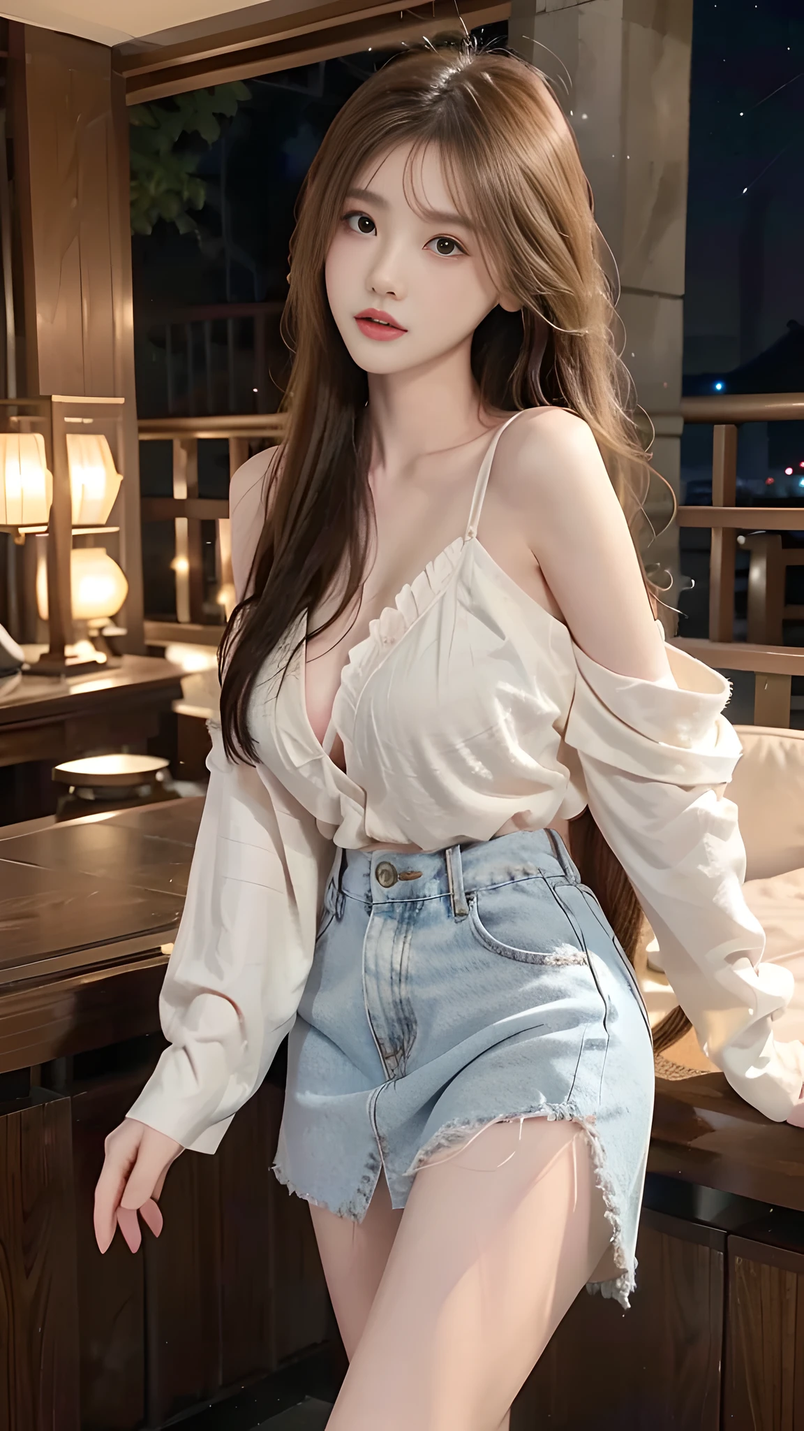 full hd 8k, Girl standing in front of a dark night scene, full moonlight reflecting on her beautiful face. Her long, silky hair was gently blown by the night wind, creating a gentle and romantic feeling. Next to her is a large displacement motorbike, showing her success and class. She looked up at the starry sky, as if searching for something, her eyes showing thoughtfulness and loneliness. The full moon shines in the night sky creating a beautiful scene. The girl has long, silky hair, creating a luxurious and noble beauty. The moonlight shines on the girl's delicate face, highlighting her large, round light brown eyes, creating a natural, gentle beauty. She wore a shirt and short jeans, showing off her seductive and luxurious beauty. Her plumble breasts were exposed, revealing her plumble and extremely sexy breasts. These images capture detailed panoramic portraits and views of the sky and motorcycles. All create a beautiful, wonderful picture that makes people unable to take their eyes off the scene. All of these details are depicted clearly and sharply,