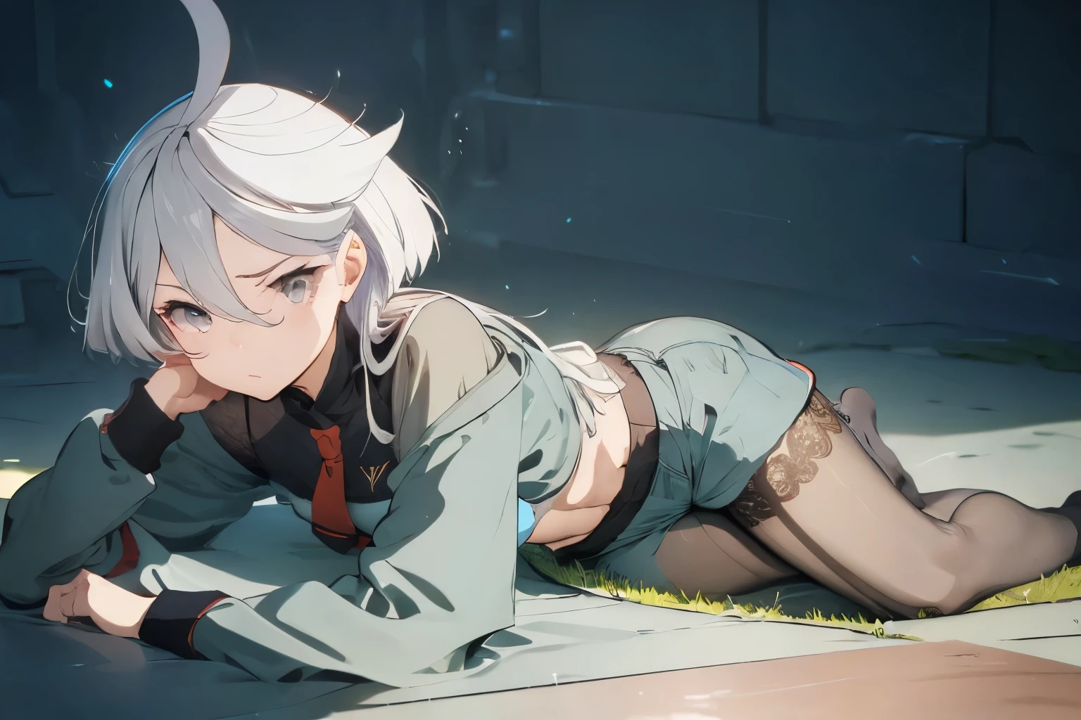 (((White lace bra))),off shoulder,all fours,crawling,Mioline Rembran,alone, Long Hair, Grey Eyes, Grey Hair, Ahoge, Seamed legwear, Green shorts, tie, bangs, Hair between the eyes, Black Pantyhose, Long sleeve, Green jacket, floating hair, red tie, masterpiece ,8k unity wallpaper,anime key visual,highest quality, High resolution, unity 8k wallpaper, (shape:0.8), highly detailed face,highly detailed eye,glowing eyes , shiny skin,fine skin,white skin,dense skin,detailed hair,highly detailed legs,perfect lighting, Detailed CG, (perfect hands, perfect anatomy),High resolution,(Detailed wear ),slender limbs, delicate curves, dainty hands,figure:0.8,