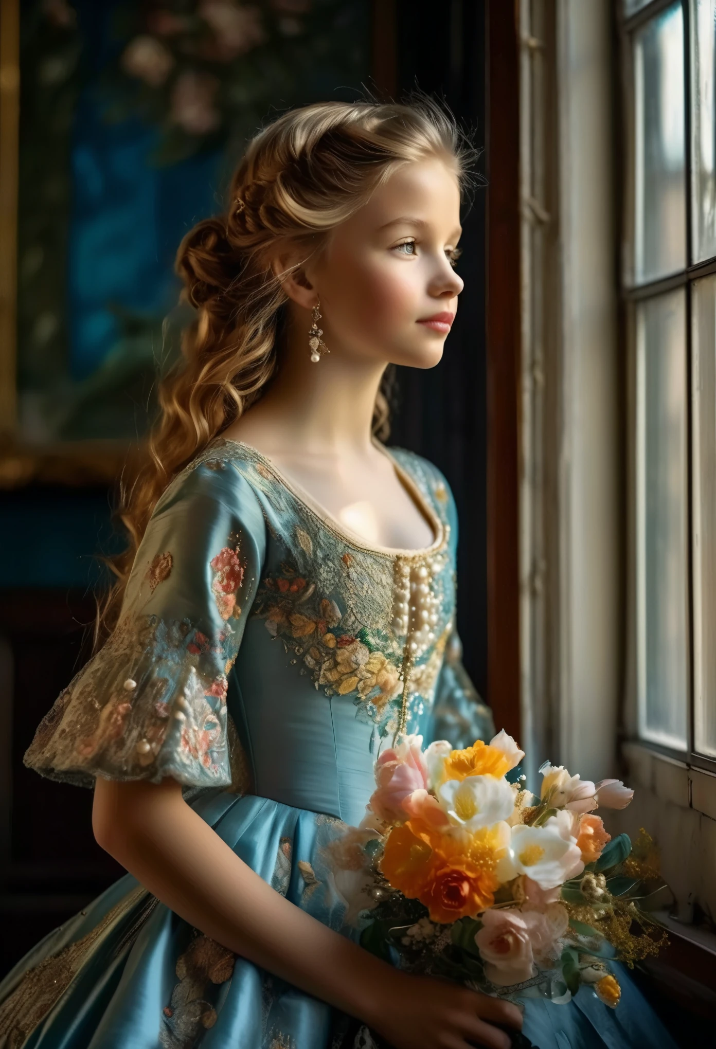 (best quality,4k,8k,highres,masterpiece:1.2), ultra-detailed, (realistic,photorealistic,photo-realistic:1.37),In the portrait of this enchanting -yeld gi the daughter of a prosperous merchant during the flourishing 17th century in the Netherlands, every brushstroke captures the essence of her youth and innocence.

Her golden locks cascade in gentle waves, adorned with ribbons and pearls that speak of her family's affluence. Each curl seems to dance in the light, framing her cherubic face with an air of purity and grace. Her eyes, wide and bright, reflect the curiosity and wonder of childhood, as if every glance is filled with endless possibilities.

Her rosy cheeks flush with vitality, a testament to her health and happiness in the embrace of her privileged upbringing. A delicate dimple graces her smile, adding a touch of sweetness to her countenance that is as charming as it is captivating.

Dressed in the finest silks and lace, her gown whispers softly with every movement, a symphony of luxury and refinement. Embroidered motifs and intricate details adorn her attire, showcasing the exquisite craftsmanship of the era and her family's esteemed status in society.

In her hands, she holds a posy of fresh flowers, their vibrant colors mirroring the bloom of her youth. With each delicate petal, she seems to embody the essence of spring itself, a beacon of hope and renewal in a world filled with uncertainty.

This portrait of the 14-year-o daer ofprosperous Dutch merchant is not just a representation of beauty; it's a window into a bygone era of elegance, privilege, and the timeless innocence of youth.