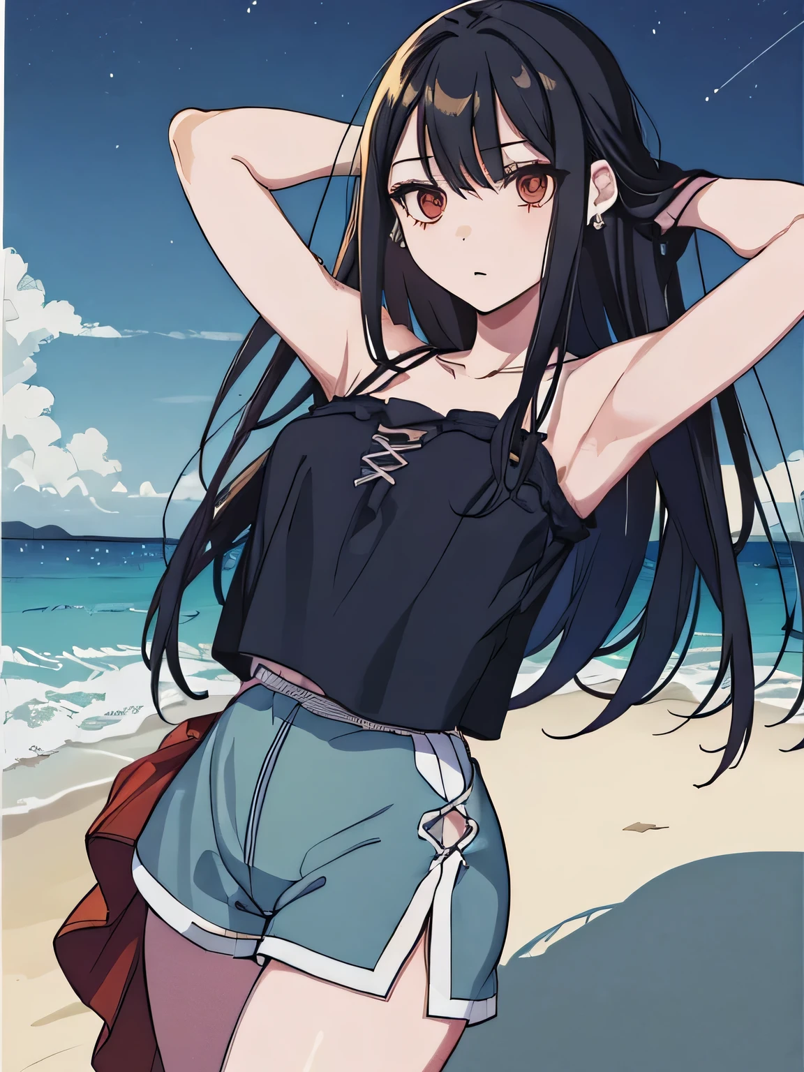 ,(masterpiece), (best quality), (ultra-detailed), (best illustration), (best shadow), (absurdres), 1girl, solo, Chihara, 1girl, solo, black hair, shorts, long hair, looking at viewer, black shorts, arms behind head, contrapposto, spread armpit, camisole, red eyes, breasts, earrings, short shorts, (cowboy shot:1.5), beach, night sky,
