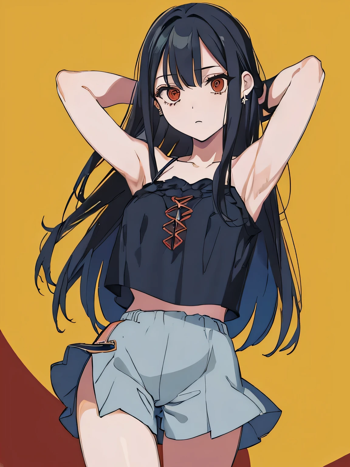 ,(masterpiece), (best quality), (ultra-detailed), (best illustration), (best shadow), (absurdres), 1girl, solo, Chihara, 1girl, solo, black hair, shorts, long hair, looking at viewer, black shorts, arms behind head, contrapposto, spread armpit, camisole, red eyes, breasts, earrings, short shorts, (cowboy shot:1.5), beach, night sky,