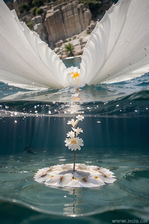 que noo, UNA FLOR DE LOTO BLANCA EN EL MAR CON AGUA CRISTALINA DESDE ARRIBA