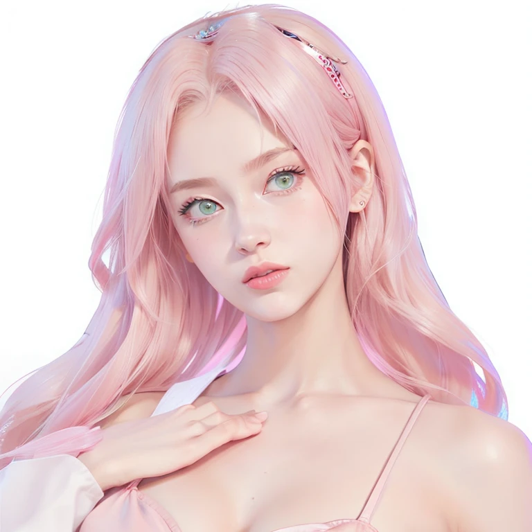 young woman, short shoulder-length pink hair, wide forehead, porcelain skin, pink eyebrows, big emerald green eyes, buttoned nose, full lips, heart-shaped face, slender body, small breasts, red tank top, Sakura Haruno , realistic, realism, details, 3d, well detailed