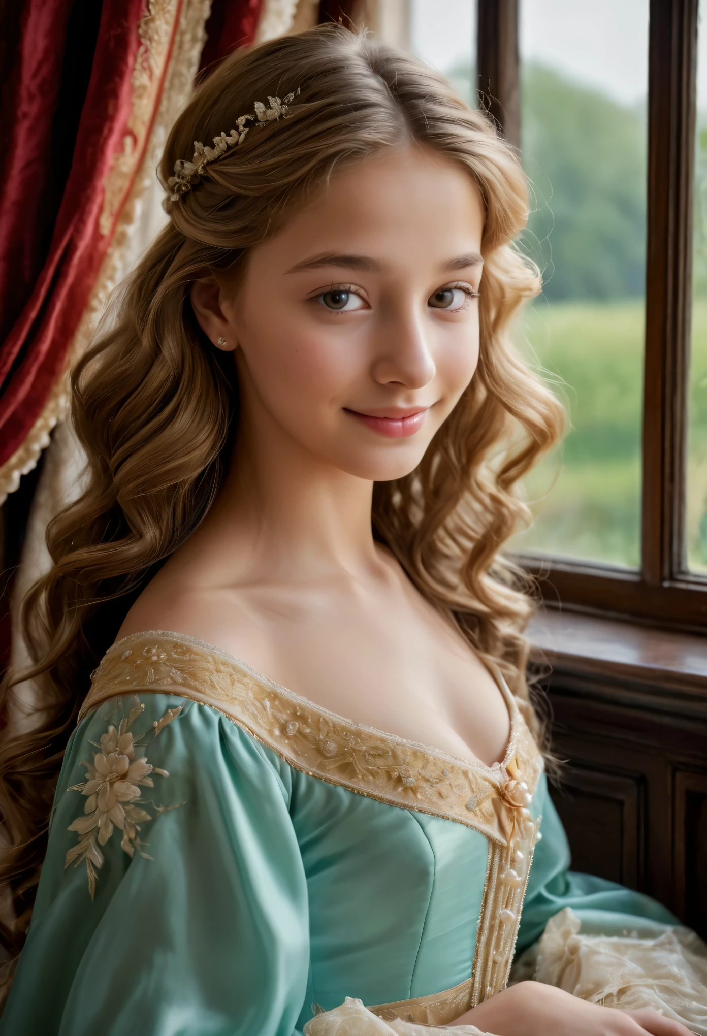 (best quality,4k,8k,highres,masterpiece:1.2), ultra-detailed, (realistic,photorealistic,photo-realistic:1.37),In the portrait of this enchanting 14-year-old girl, the daughter of a prosperous merchant during the flourishing 17th century in the Netherlands, every brushstroke captures the essence of her youth and innocence.

Her golden locks cascade in gentle waves, adorned with ribbons and pearls that speak of her family's affluence. Each curl seems to dance in the light, framing her cherubic face with an air of purity and grace. Her eyes, wide and bright, reflect the curiosity and wonder of childhood, as if every glance is filled with endless possibilities.

Her rosy cheeks flush with vitality, a testament to her health and happiness in the embrace of her privileged upbringing. A delicate dimple graces her smile, adding a touch of sweetness to her countenance that is as charming as it is captivating.

Dressed in the finest silks and lace, her gown whispers softly with every movement, a symphony of luxury and refinement. Embroidered motifs and intricate details adorn her attire, showcasing the exquisite craftsmanship of the era and her family's esteemed status in society.

In her hands, she holds a posy of fresh flowers, their vibrant colors mirroring the bloom of her youth. With each delicate petal, she seems to embody the essence of spring itself, a beacon of hope and renewal in a world filled with uncertainty.

This portrait of the 14-year-old daughter of a prosperous Dutch merchant is not just a representation of beauty; it's a window into a bygone era of elegance, privilege, and the timeless innocence of youth.