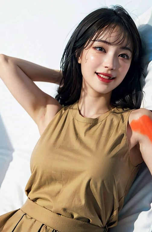 (Ultra Real), (Illustration), (High Resolution), (8K), (Very Detailed), (Best Illustration), (Beautiful Detailed Eyes), (Best Quality), (Ultra Detailed), (Masterpiece), (Wallpaper), (Detailed Face), Bed, Upper Body Up, Armpits, Smiles, Plump,Solo,Simple White Tank Top Girl, Sweaty, Japan Person, Big, (Camel Toe)