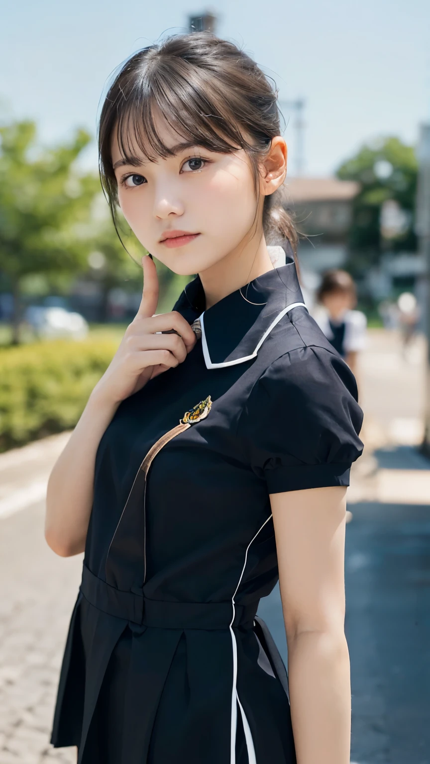 (Slim close-up portrait, A medium-sized girl wearing a short-sleeved summer uniform:1.5)、(A sad-looking girl with her hair blowing in the wind and looking at the sky 1.3)、Crowd at station platform :1.3)、(Perfect Anatomy:1.3)、(Complete Hand:1.3)、(Full Finger:1.3)、Realistic、RAW Photos、Tabletop、highest quality、High resolution、Delicate and beautiful、Perfect Face、Beautiful details、Fair skin、Real human skin、pores、((Thin legs))、(Black Hair)、 Half body shot