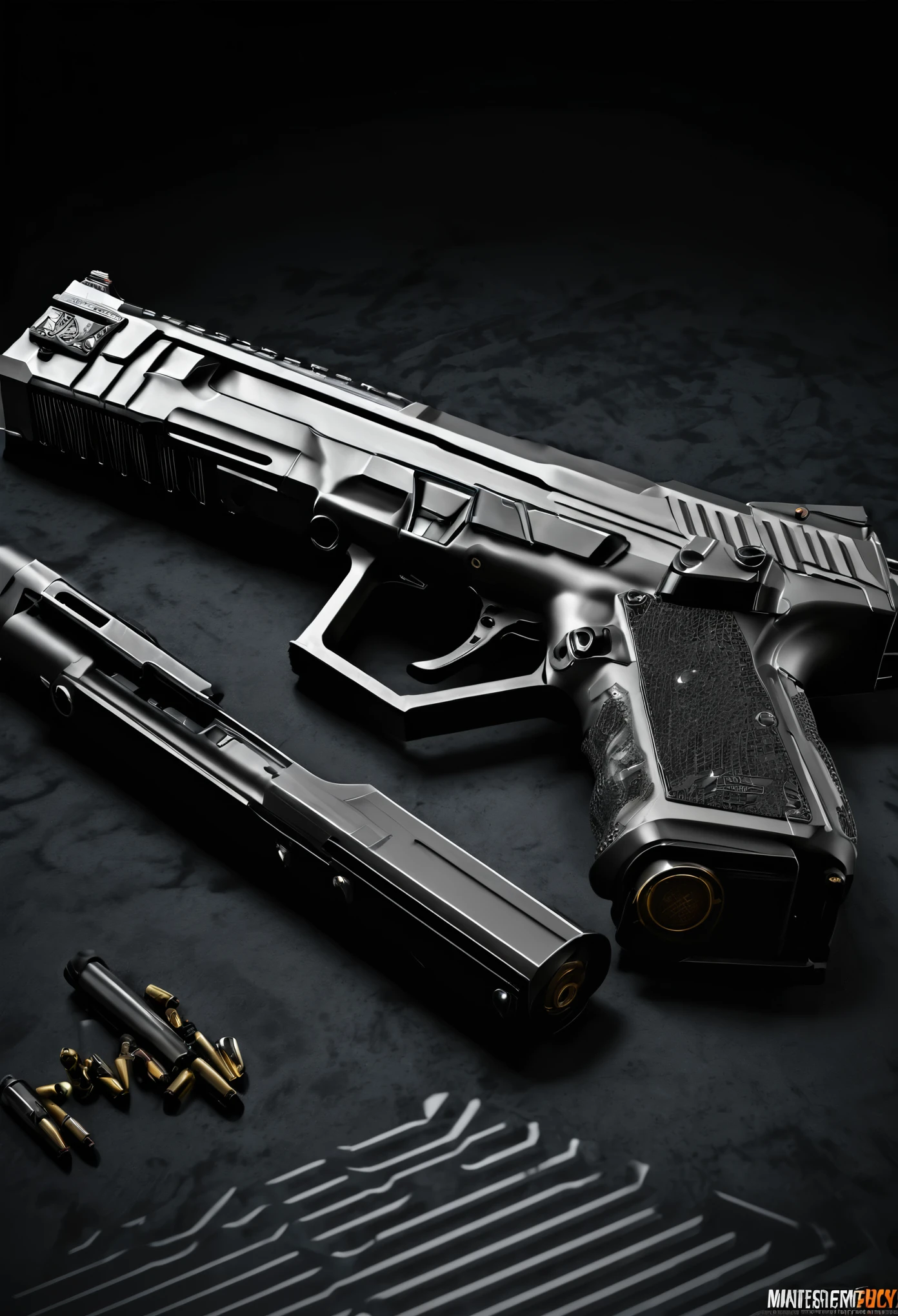 Masterpiece of guncraft, best quality 10mm handgun, intricately designed and meticulously built, silencer attached for stealth, scoped night vision equipped for enhanced precision and focus, sharp lines and detailed textures, professional manufacturing process, clear and vibrant image rendering, realistic gun metal finish, high definition 4k visuals, sharp focus and clear lines, realistic lighting and shadow effects, physical gun model rendered in 3D, breathtaking attention to detail, expertly crafted components, lifelike texture and weight simulation.