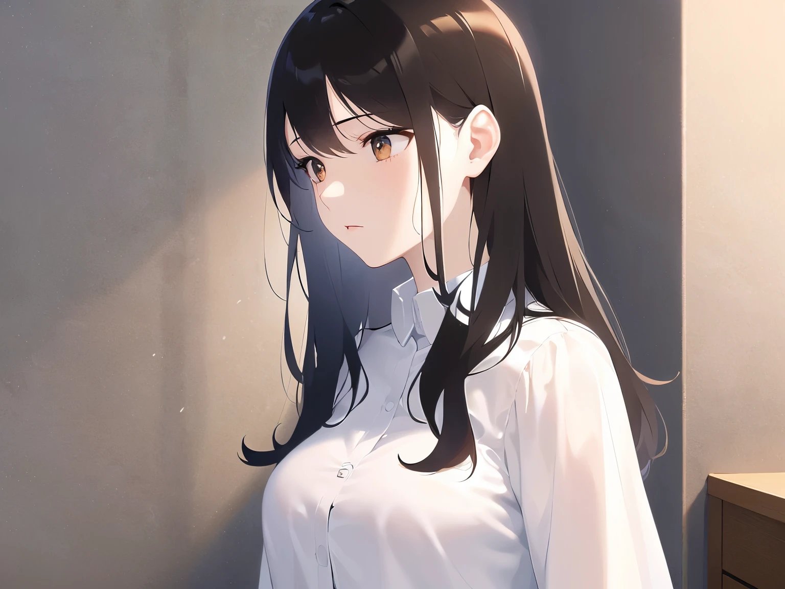 side angle, (looking away:1.5), Upper Body, Realistic, real person, (pale skin: 1.2), RAW photo, photorealistic, portrait photography, shiny skin, shiny hair、(25 year old woman with medium hair with bangs) and (wavy hair) and (brown hair) and (orange eyes) ,(white collared shirt), Expressionless, Background is an office room、Alone、Are standing