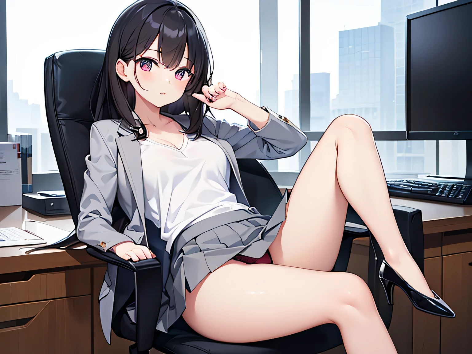 (Masterpiece, top quality, high resolution, realistic photo, realistic looking skin:1.1),
(Woman is sitting in office chair in desk with file drawers:1.5),
(She has her legs crossed and is lecturing me and you can almost see her panties: 1.8),
(She is expressionless: 1.5),
(She has a mature face:1.5), 
(She is wearing a plain white T-shirt with a V-neck under a gray blazer and gray skirt setup: 1.8),
(Both of her legs are bare: 1.8),
(She is wearing the same pumps on both feet: 1.8),
(Panties are red lace with a pattern on them: 1.5),
(She has medium black hair:1.5),
(Location: office chair at position desk in office:1.5),
1 Japanese girl, solo, full bodied esbian, beautiful eyes, glowing eyes, glowing thighs, NSFW