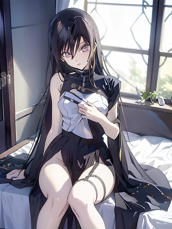 (nswf:1.3)、masterpiece, best quality, 1 girl,solo,codegeass,lelouch,Feminization、Feminization,18-year-old、 Straight Hair、Long Hair、Black Hair、beautiful purple eyes、Beautiful Hair、170cm, Small waist、Beautiful body、Beautiful breasts、Show the whole body 、Black Dresini skirt:1.2)、Black Stockings、full body、Long, slender legs、girl sitting、bedroom