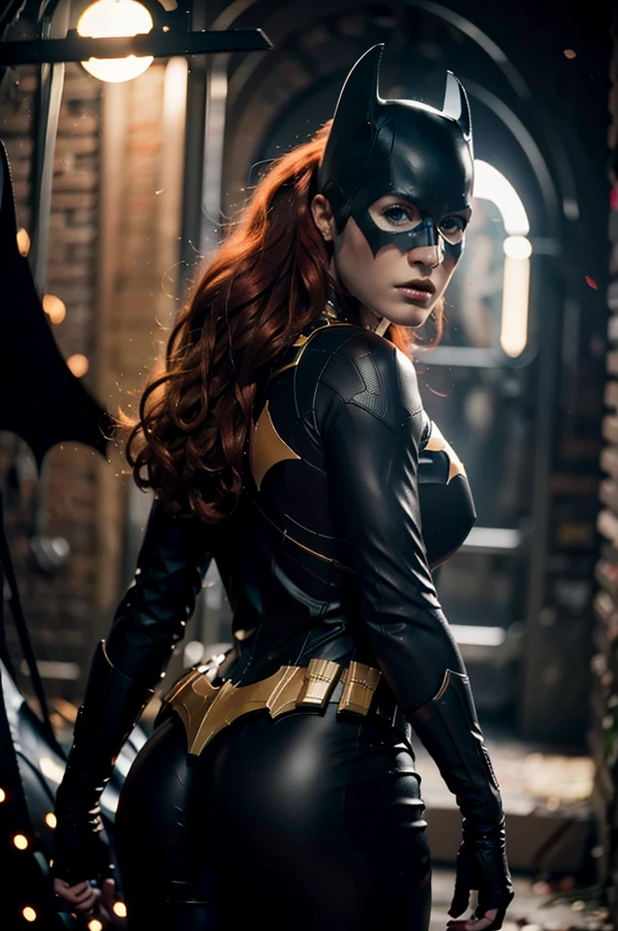 beautiful detail, best quality, 8k, highly detailed face and skin texture, high resolution, big booty red hair batgirl in a cave under torch light, darkest atmosphere, back view, looking at viewer, sharp focus