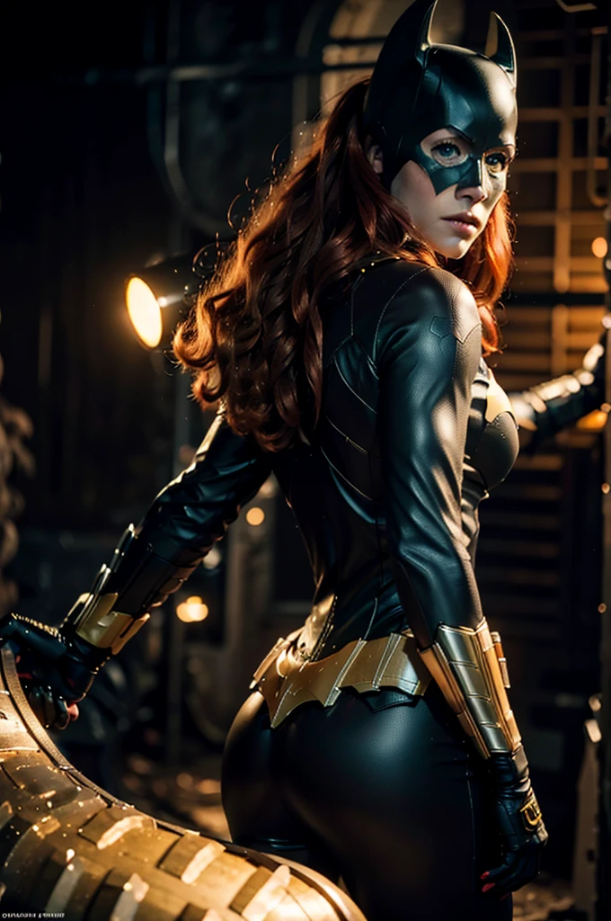 beautiful detail, best quality, 8k, highly detailed face and skin texture, high resolution, big booty red hair batgirl in a cave under torch light, darkest atmosphere, back view, looking at viewer, sharp focus