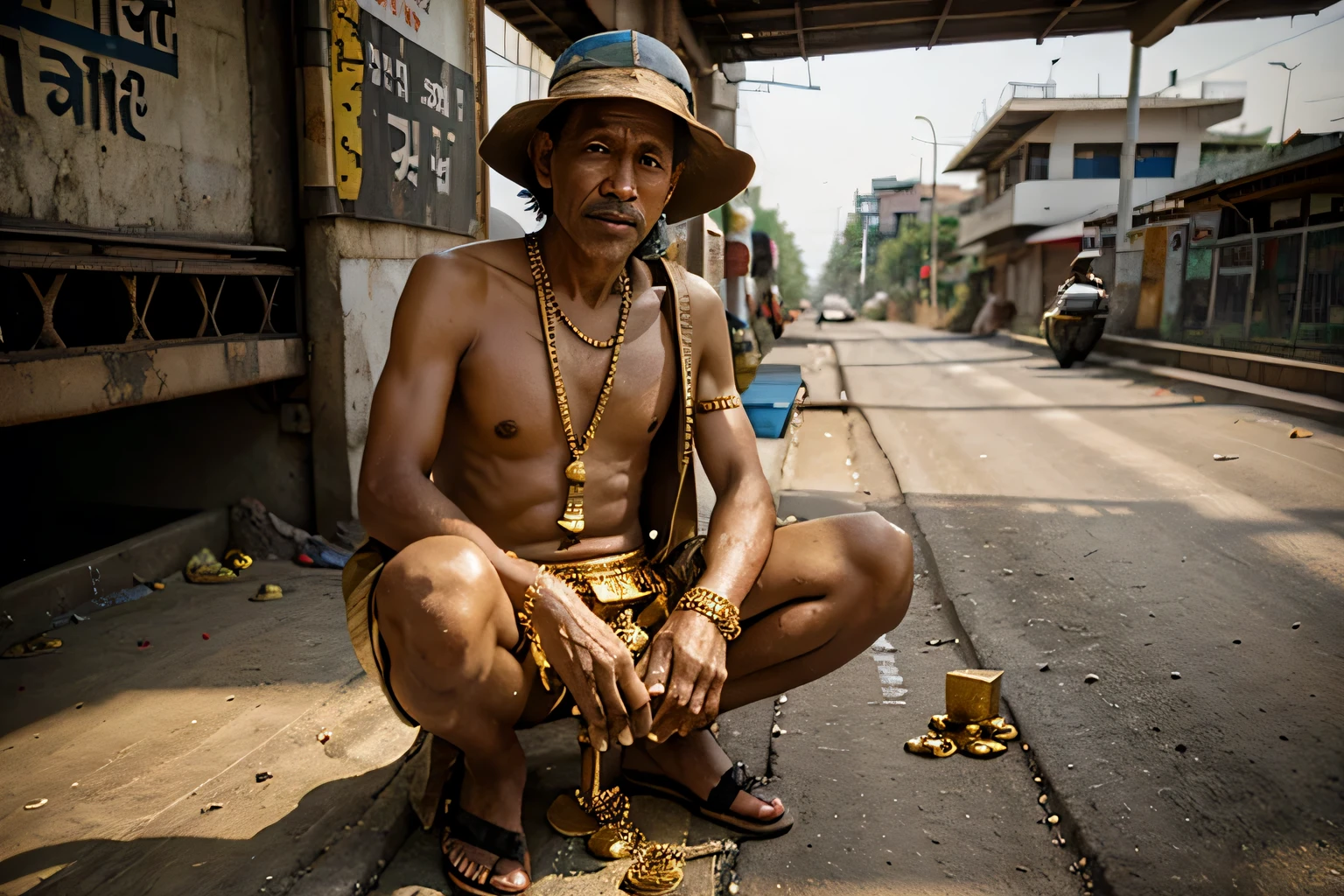 A beggar with lots of gold nuggets in Thailand on a dirty overpass.