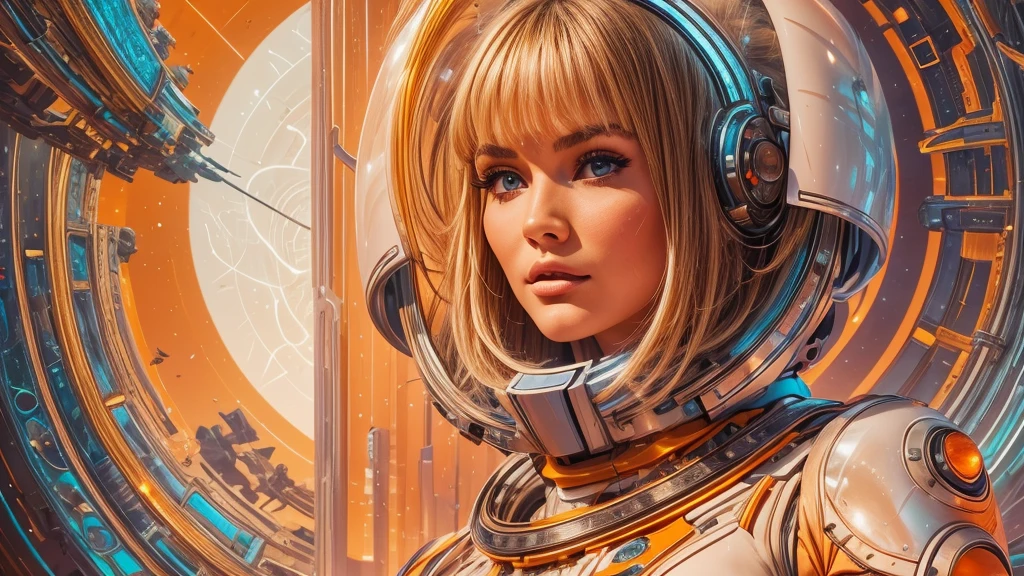 arafed image of a white woman in a futuristic suit with a spaceship in the background, movie art, in front of an orange background, inspired by Robert McGinnis, female protagonist, megastructure in the background, portrait of an ai astronaut, astronauts, an astronaut, portrait of a astronaut skeletor, perfect android girl, detailed eyes, perfectly detailed teeth, frank franzzeta and sakimichan  