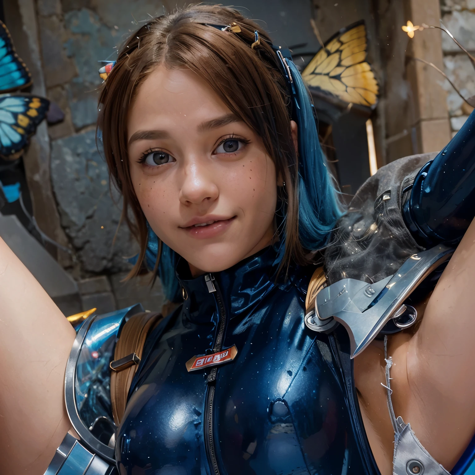 Boku no hero screenshot of a girl with brown hair and blue hair. She has butterfly wings. Light brown eyes. Freckles. She has a happy expression. She wears a hero suit., cuerpo completo