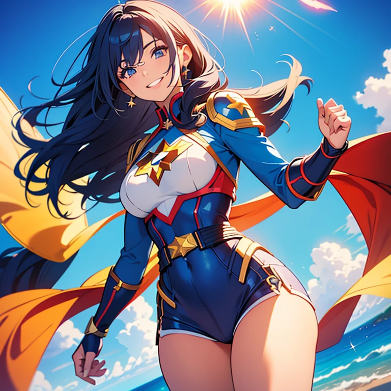 capitana marvel. beautiful 22 year old superhero girl. cabello rubio brillante sonrisa, rubor, ojos celestes. pechos grandes, disfraz de superheroe azul y amarillo. volando por el cielo , cabello rubio . piel clara rubia. pechos grandes. cuerpo completo