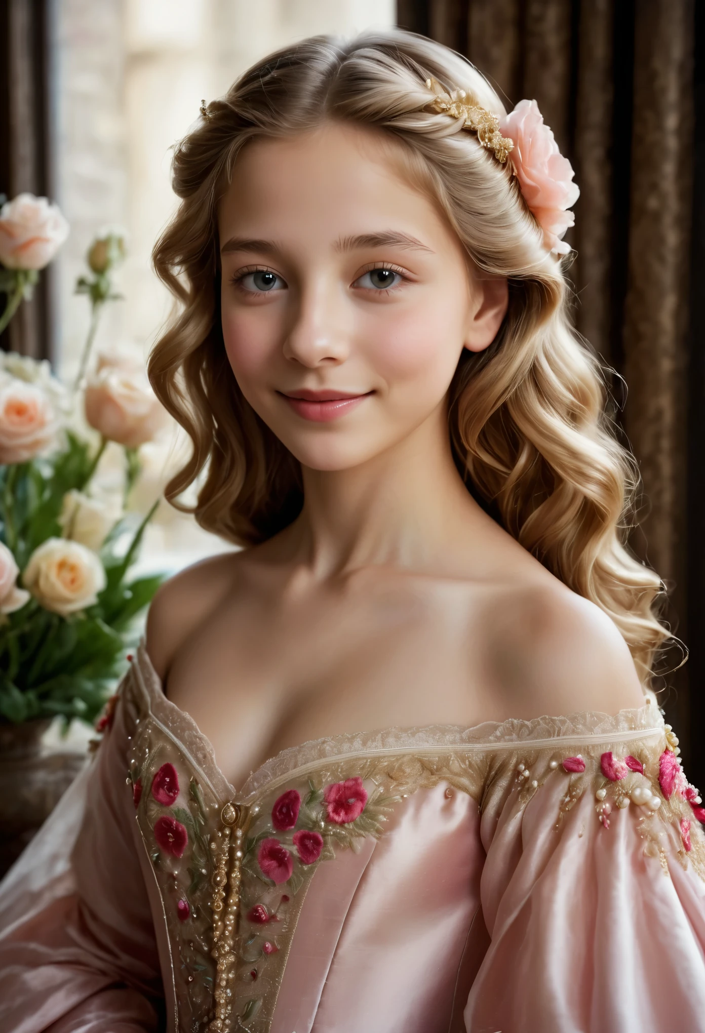 (best quality,4k,8k,highres,masterpiece:1.2), ultra-detailed, (realistic,photorealistic,photo-realistic:1.37),In the portrait of this enchanting 13-year-old girl, the daughter of a prosperous merchant during the flourishing 17th century in the Netherlands, every brushstroke captures the essence of her youth and innocence.

Her golden locks cascade in gentle waves, adorned with ribbons and pearls that speak of her family's affluence. Each curl seems to dance in the light, framing her cherubic face with an air of purity and grace. Her eyes, wide and bright, reflect the curiosity and wonder of childhood, as if every glance is filled with endless possibilities.

Her rosy cheeks flush with vitality, a testament to her health and happiness in the embrace of her privileged upbringing. A delicate dimple graces her smile, adding a touch of sweetness to her countenance that is as charming as it is captivating.

Dressed in the finest silks and lace, her gown whispers softly with every movement, a symphony of luxury and refinement. Embroidered motifs and intricate details adorn her attire, showcasing the exquisite craftsmanship of the era and her family's esteemed status in society.

In her hands, she holds a posy of fresh flowers, their vibrant colors mirroring the bloom of her youth. With each delicate petal, she seems to embody the essence of spring itself, a beacon of hope and renewal in a world filled with uncertainty.

This portrait of the 12-year-old daughter of a prosperous Dutch merchant is not just a representation of beauty; it's a window into a bygone era of elegance, privilege, and the timeless innocence of youth.